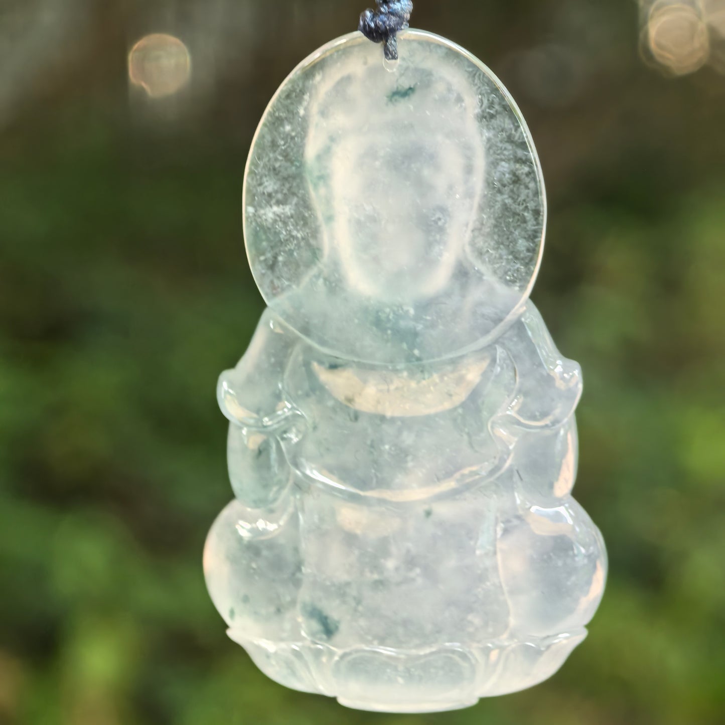 Natural Grade-A Icy Glutinous Light Green White Guanyin Jadeite Pendant · Burmese Jade