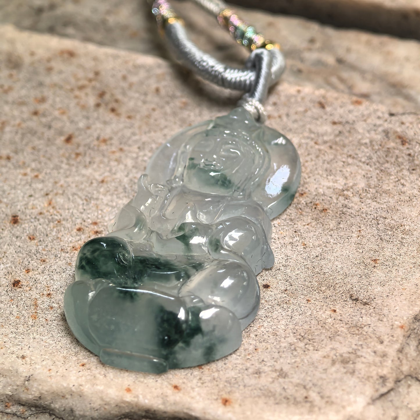 Natural Grade-A Icy Glutinous Green Floating Flower Guanyin Jadeite Pendant · Burmese Jade