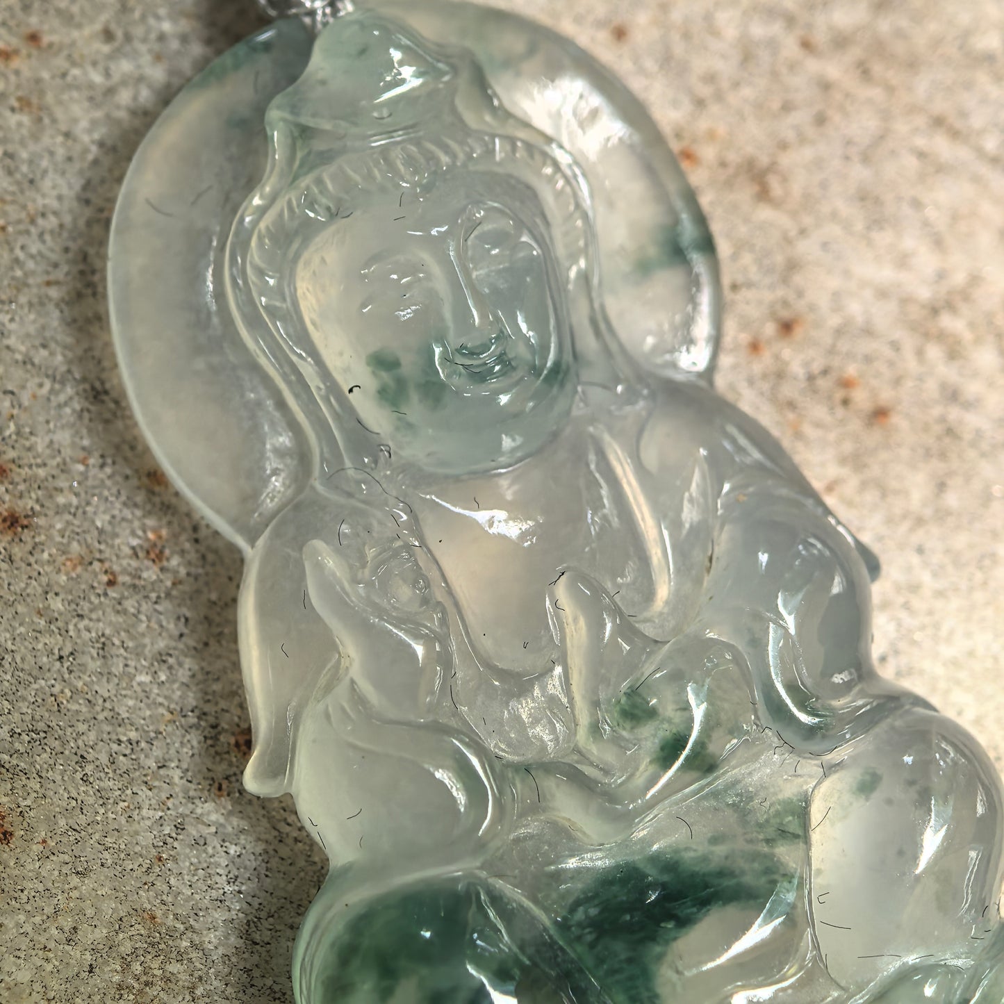 Natural Grade-A Icy Glutinous Green Floating Flower Guanyin Jadeite Pendant · Burmese Jade