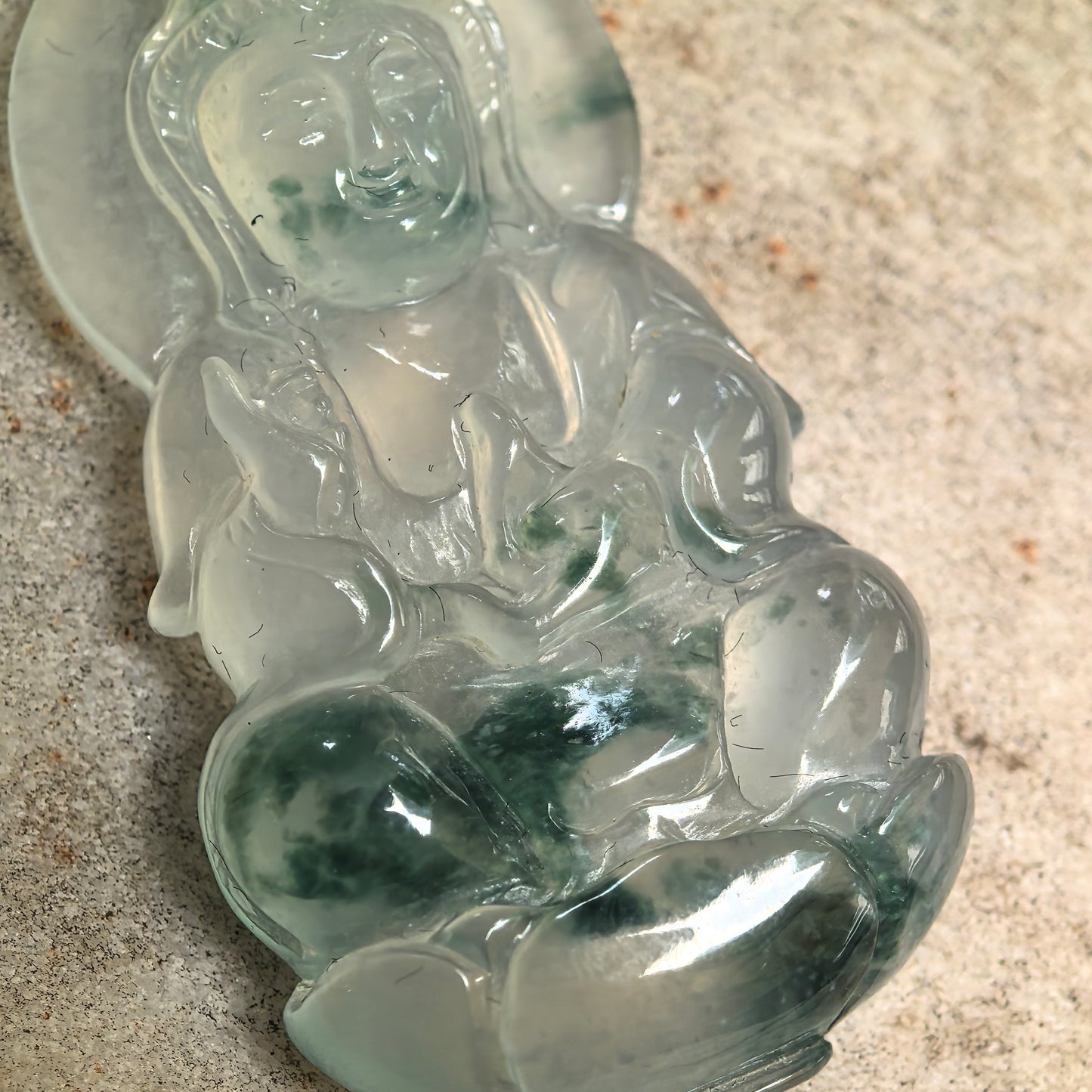 Natural Grade-A Icy Glutinous Green Floating Flower Guanyin Jadeite Pendant · Burmese Jade