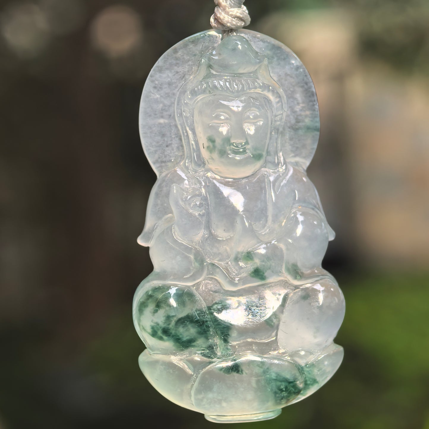 Natural Grade-A Icy Glutinous Green Floating Flower Guanyin Jadeite Pendant · Burmese Jade