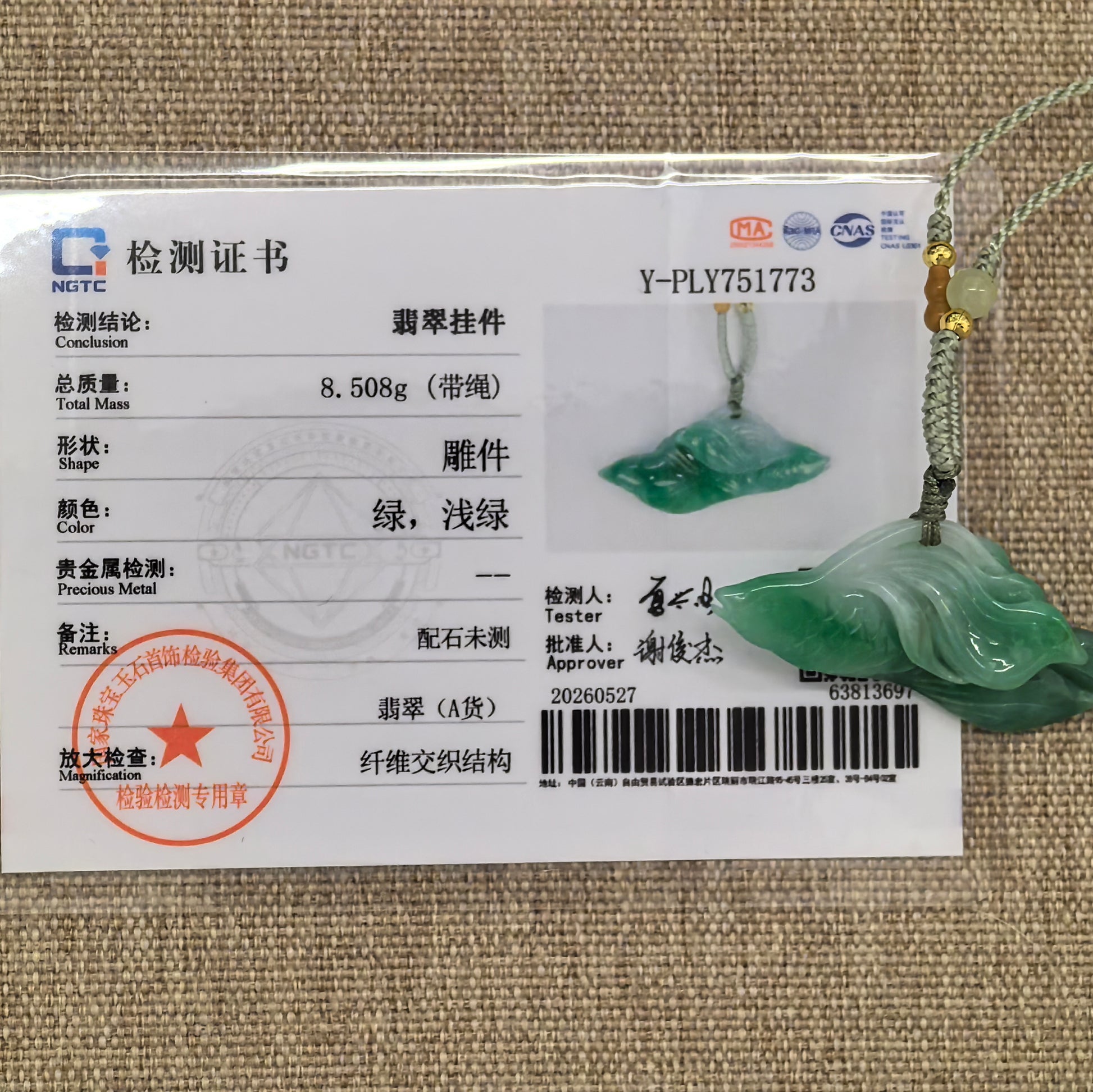 NGTC certified Natural Grade-A green jadeite fish pendant with matching certificate and 8.508 g total weight.