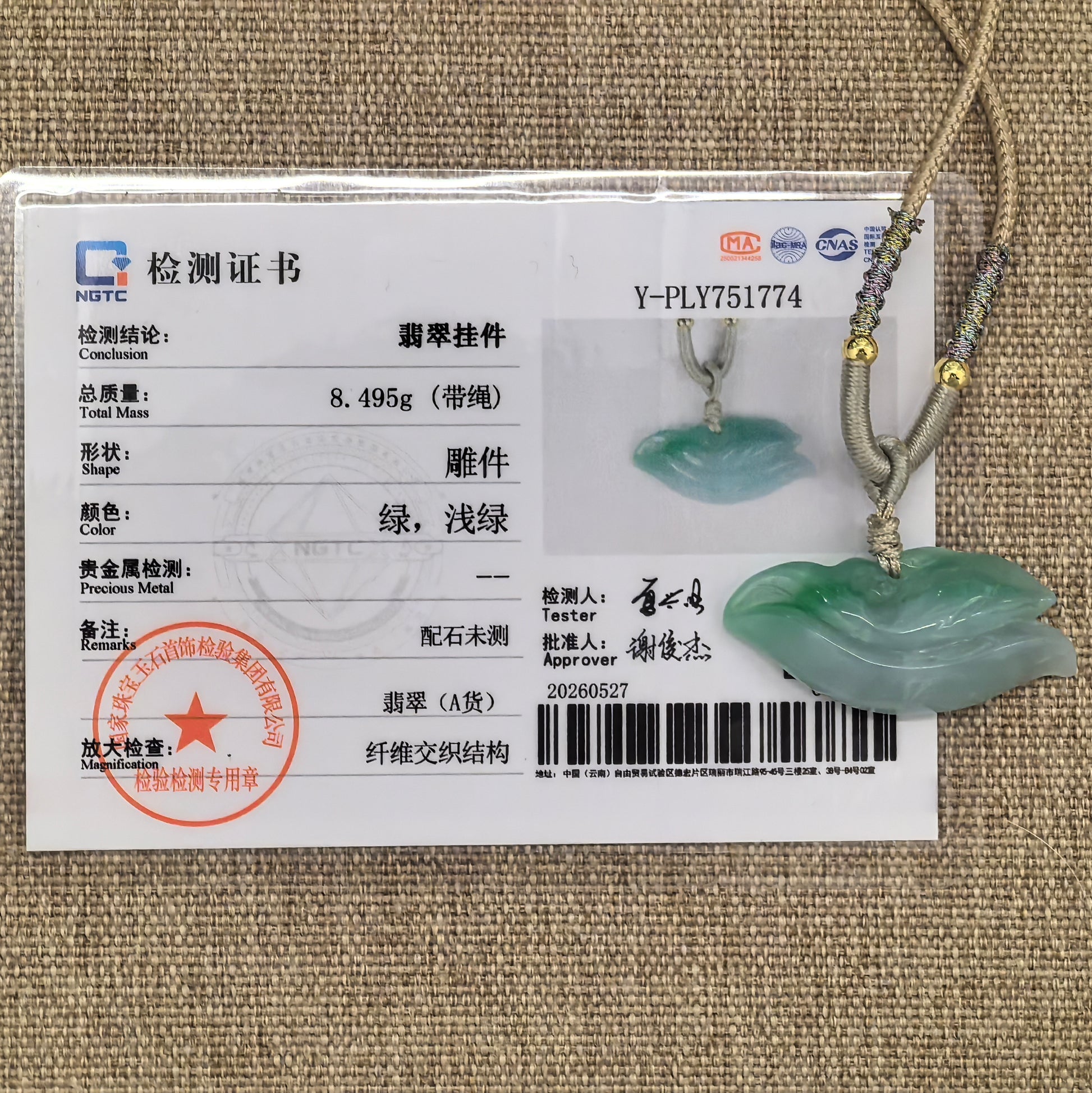 NGTC certified Natural Grade-A green dolphin jadeite pendant with matching certificate and 8.495 g total weight.