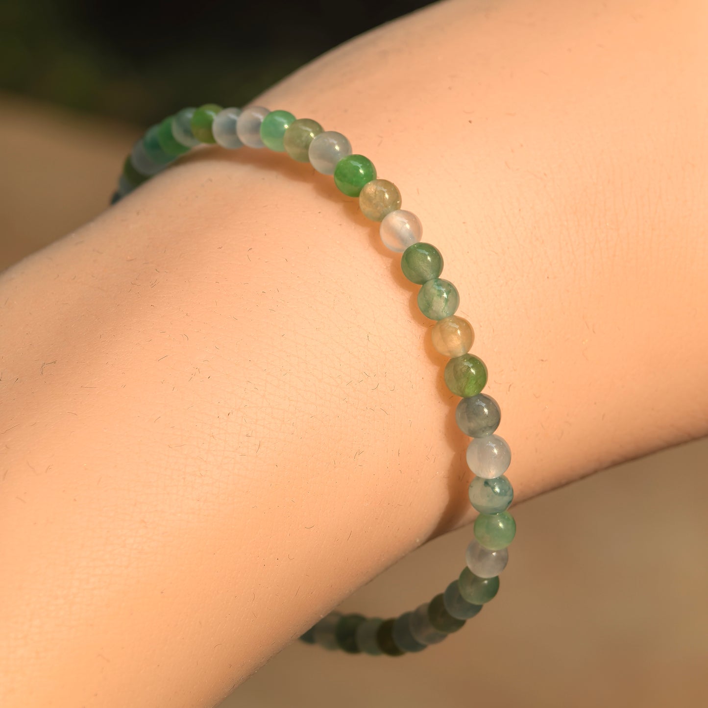 Natural Grade-A Icy Green Multicolor Jadeite Bead Bracelet · Burmese Jade 3.8mm