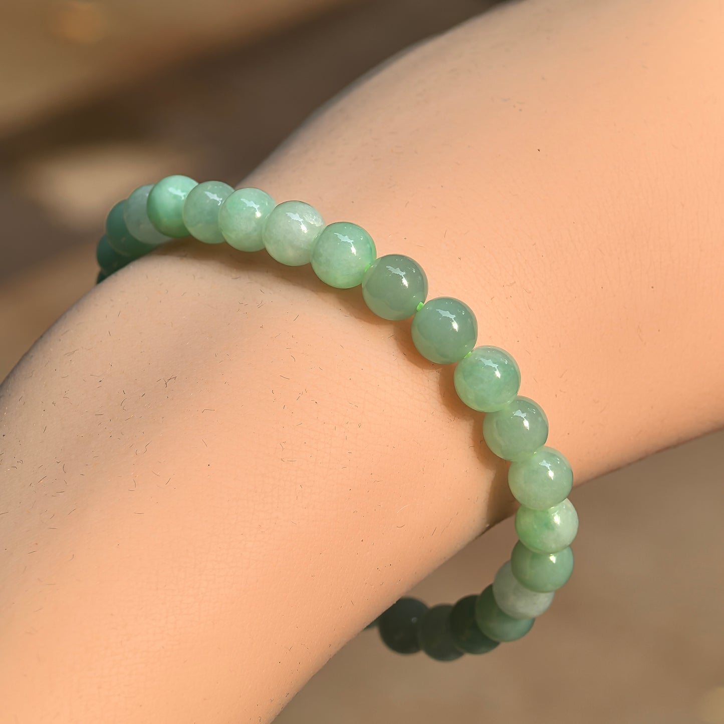 Natural Grade-A Glutinous Light Green Round-Bead Jadeite Bracelet · Burmese Jade 6.2mm