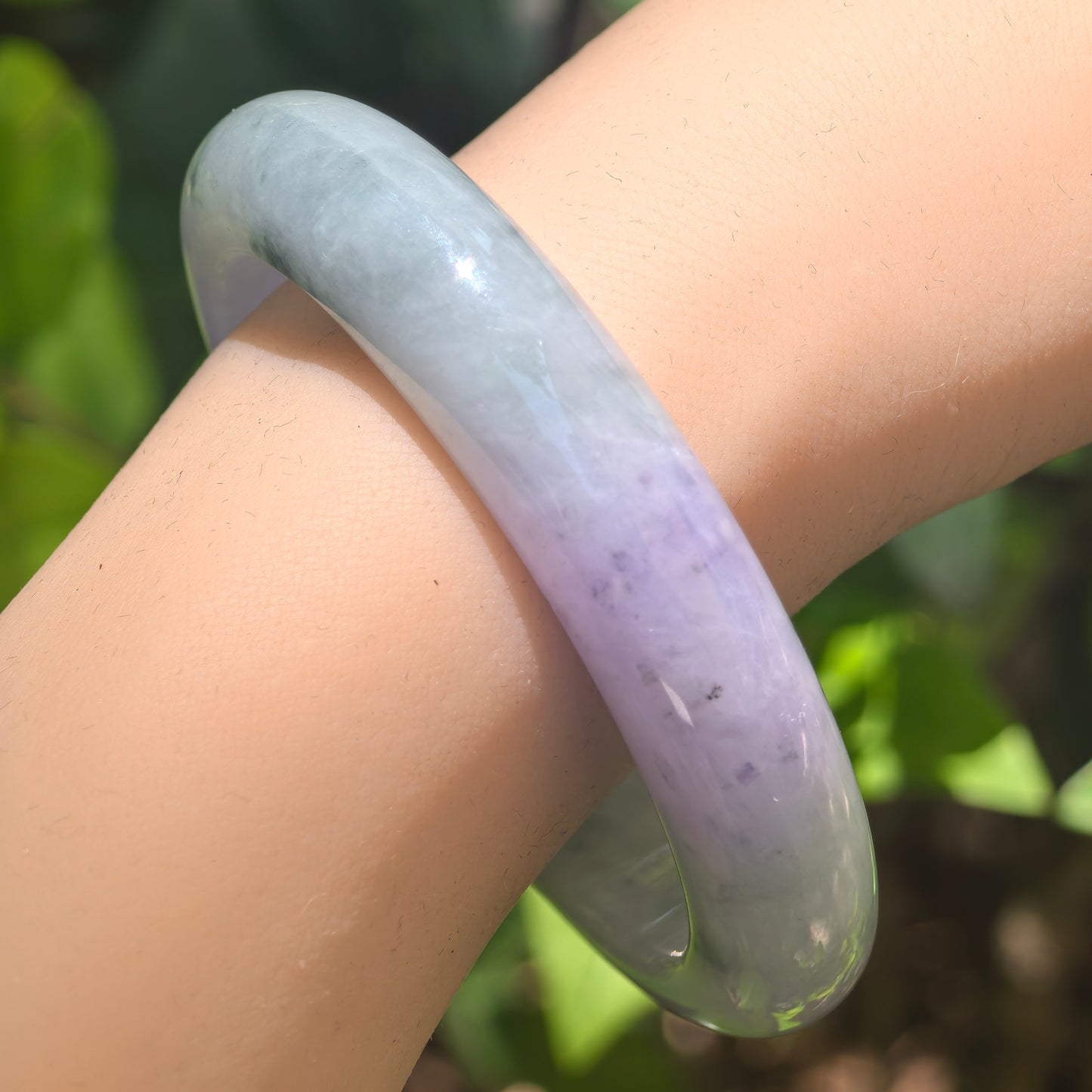 Natural Grade-A Glutinous Lavender & Green Floating Flower Jadeite D-Shape Bangle · Burmese Jade 55mm