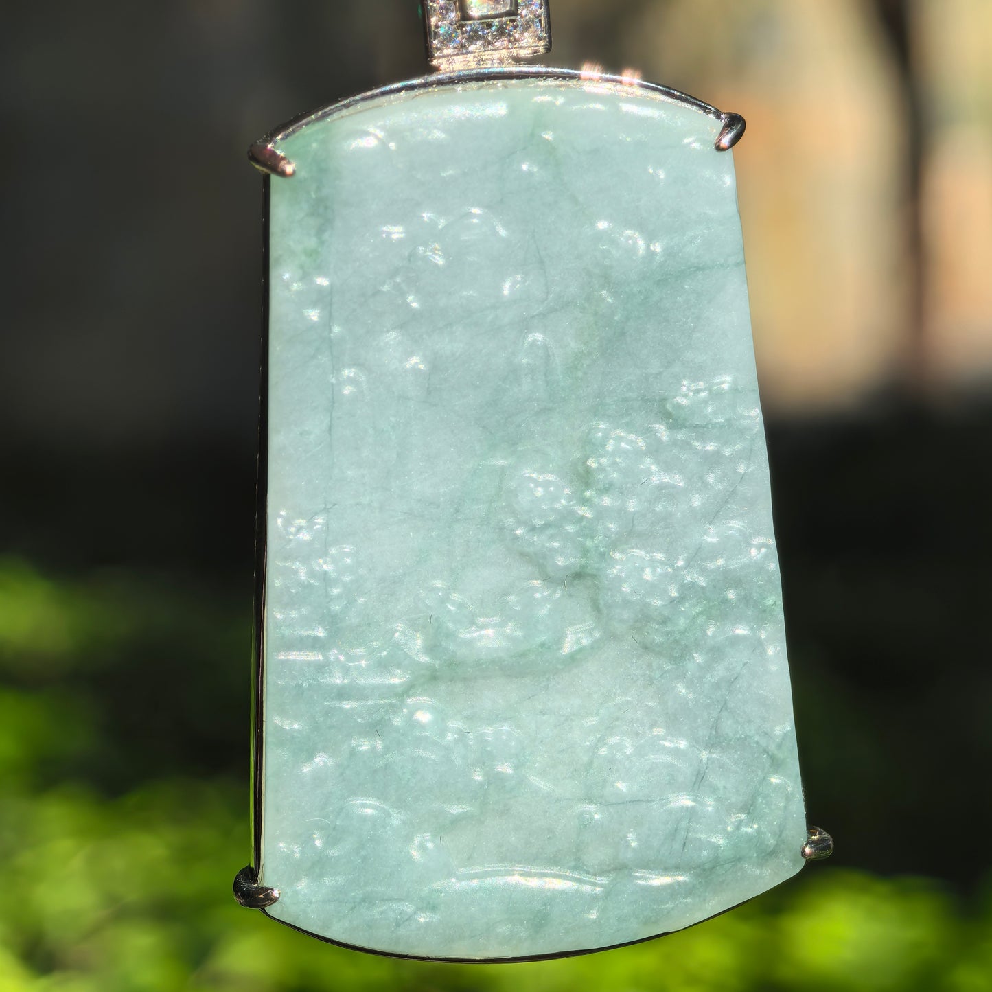 Natural Grade-A Glutinous Teal Blue Landscape Jadeite Pendant · Guatemalan Jadeite