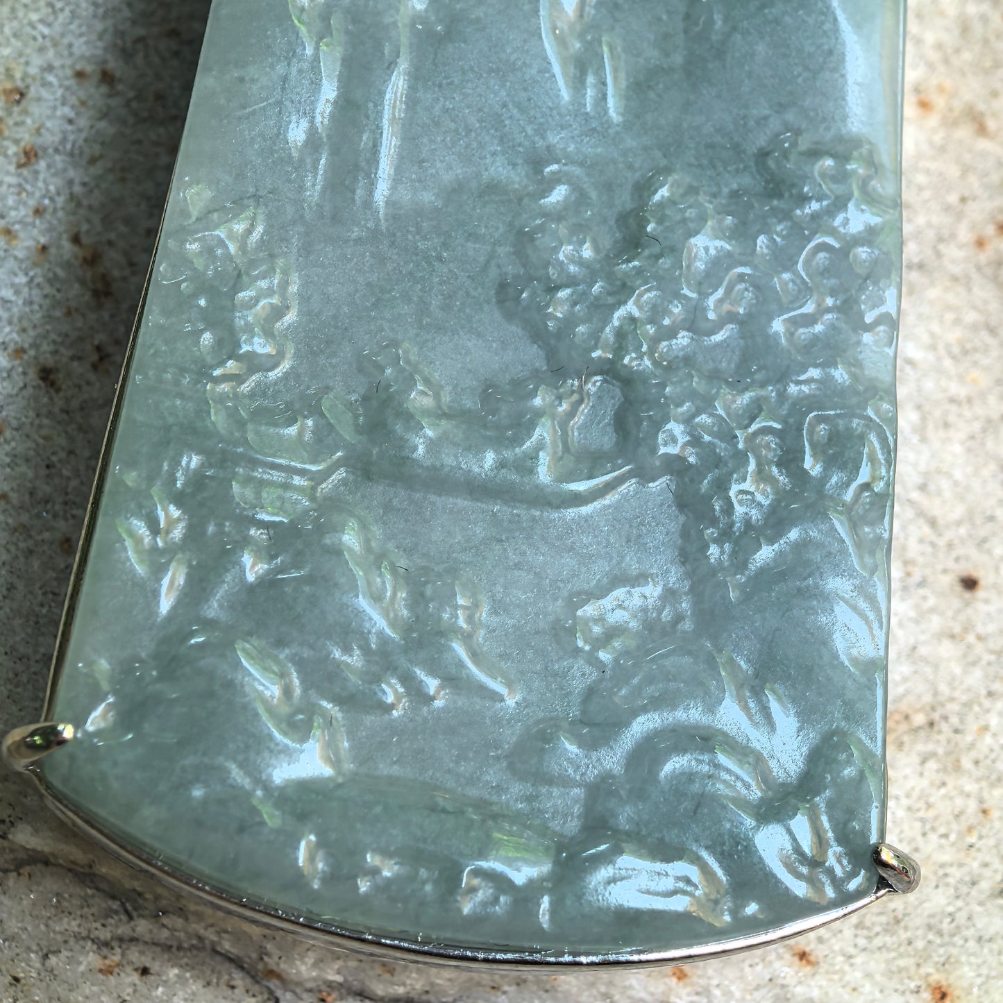 Natural Grade-A Glutinous Teal Blue Landscape Jadeite Pendant · Guatemalan Jadeite