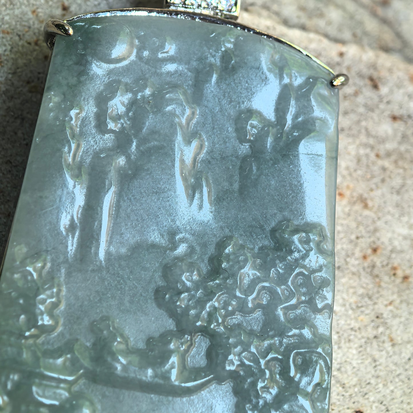 Natural Grade-A Glutinous Teal Blue Landscape Jadeite Pendant · Guatemalan Jadeite