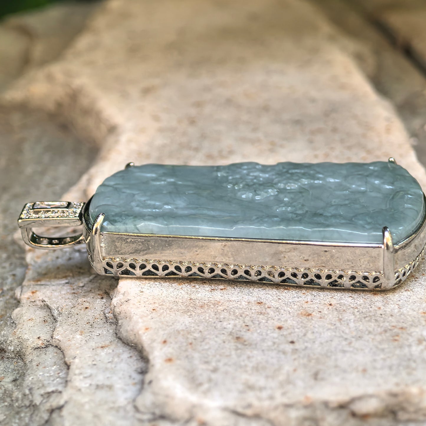 Natural Grade-A Glutinous Teal Blue Landscape Jadeite Pendant · Guatemalan Jadeite
