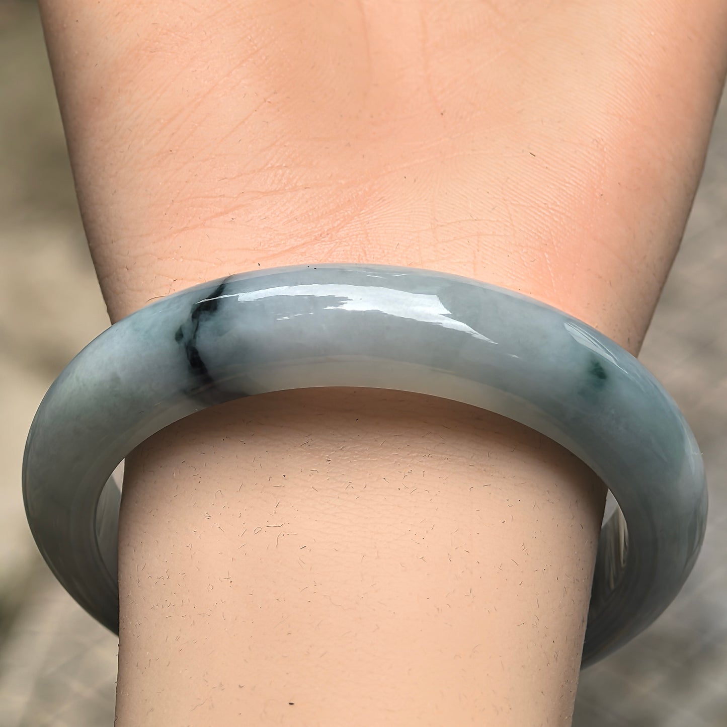 Natural Grade-A Jadeite Glutinous Dark Green Floating Flower D-Shape Bangle · Burmese Jade 55mm
