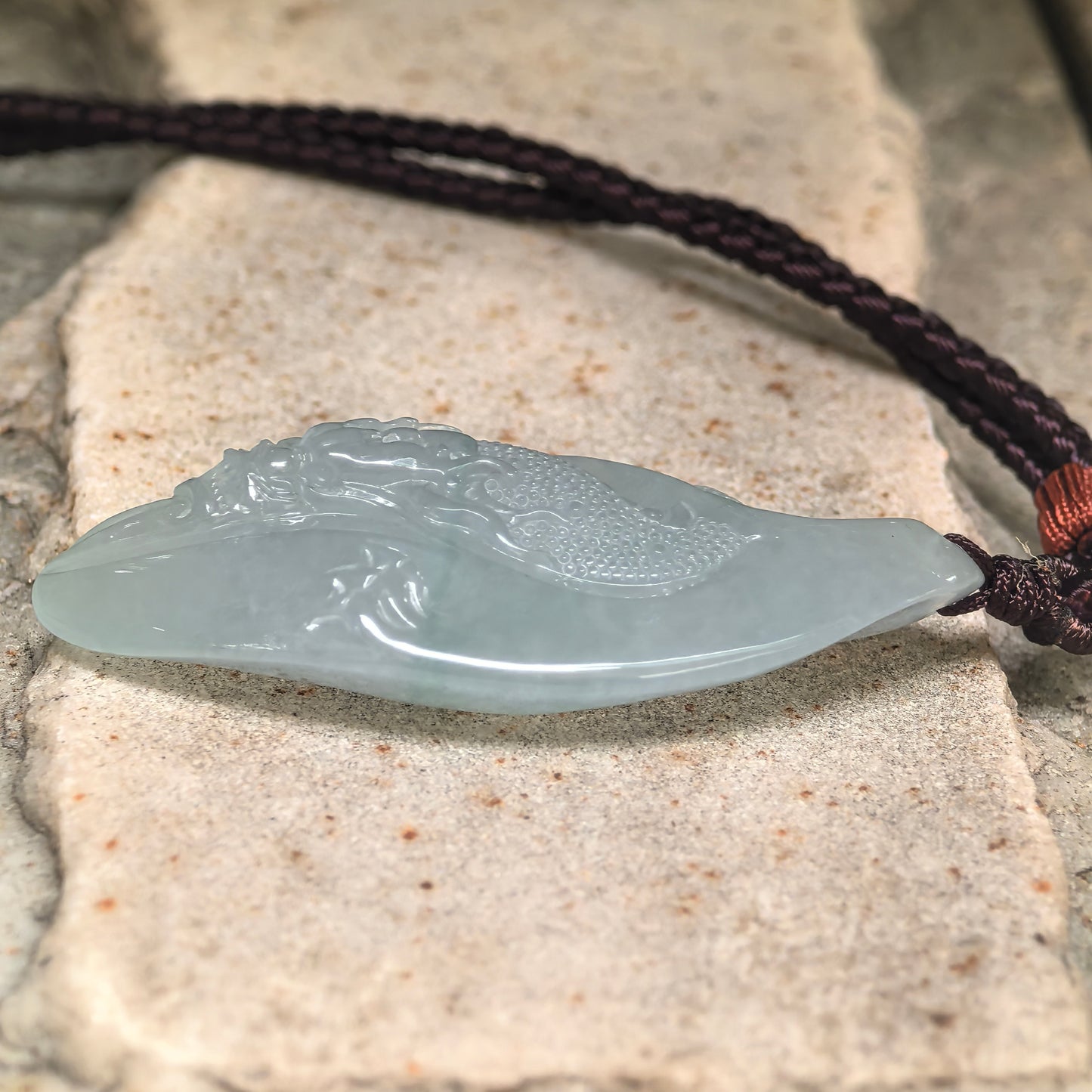 Natural Grade-A Icy Glutinous Light Green Dragon Jadeite Pendant · Burmese Jade