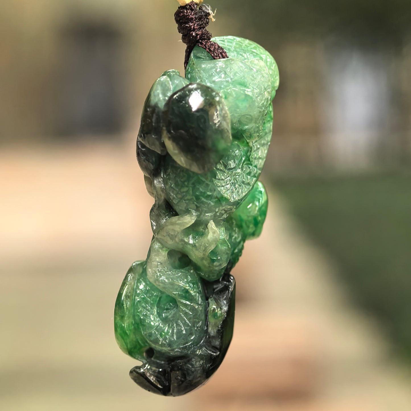 Natural Grade-A Glutinous Green Black Snake Jadeite Pendant · Burmese Jade