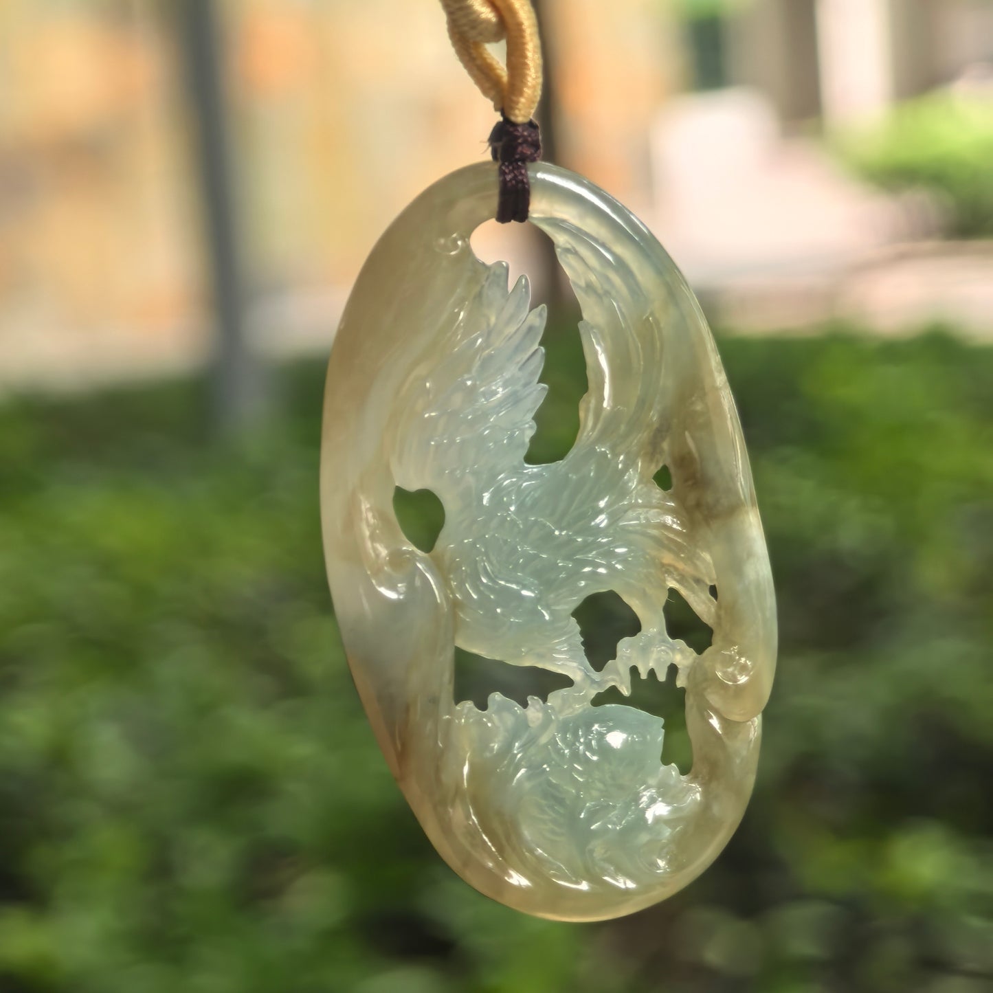 Natural Grade-A Glutinous Yellow and Green Eagle Jadeite Pendant · Burmese Jade