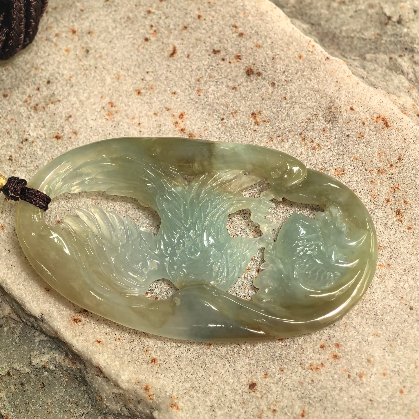 Natural Grade-A Glutinous Yellow and Green Eagle Jadeite Pendant · Burmese Jade