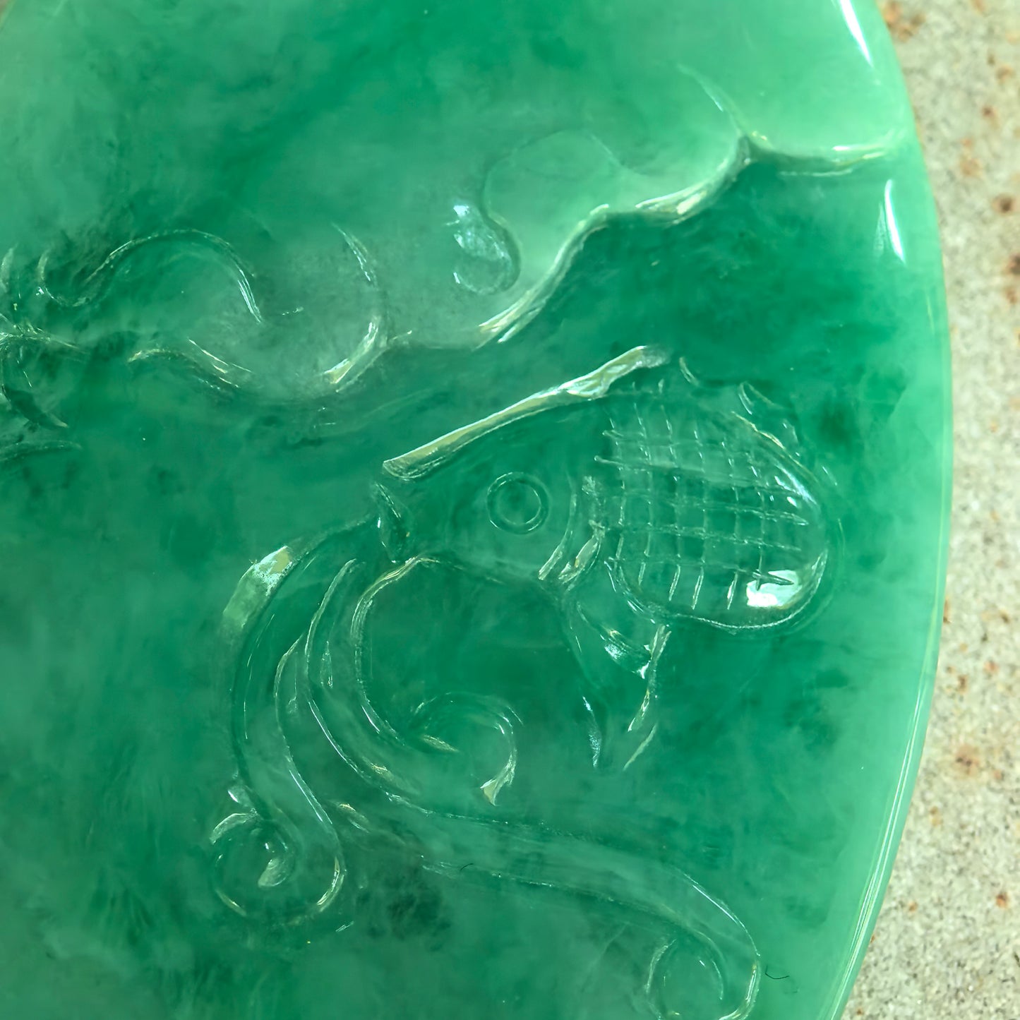 Natural Grade-A Glutinous Green Fish Plaque Jadeite Pendant · Burmese Jade