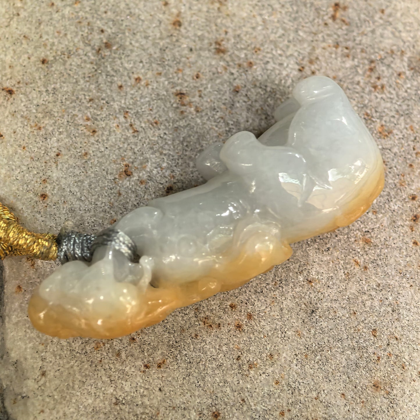 Natural Grade-A Glutinous White & Yellow Skin Monkey-on-Elephant Jadeite Pendant · Burmese Jade