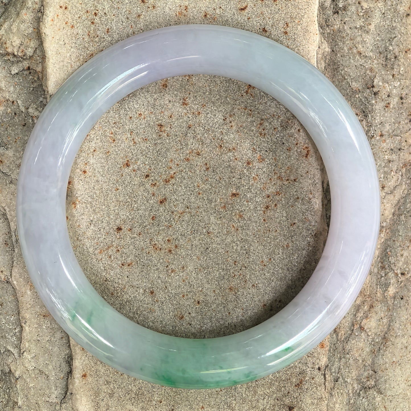 Natural Grade-A Icy Glutinous Light Lavender Base Green Floater Round Jadeite Bangle · Burmese Jade 54mm