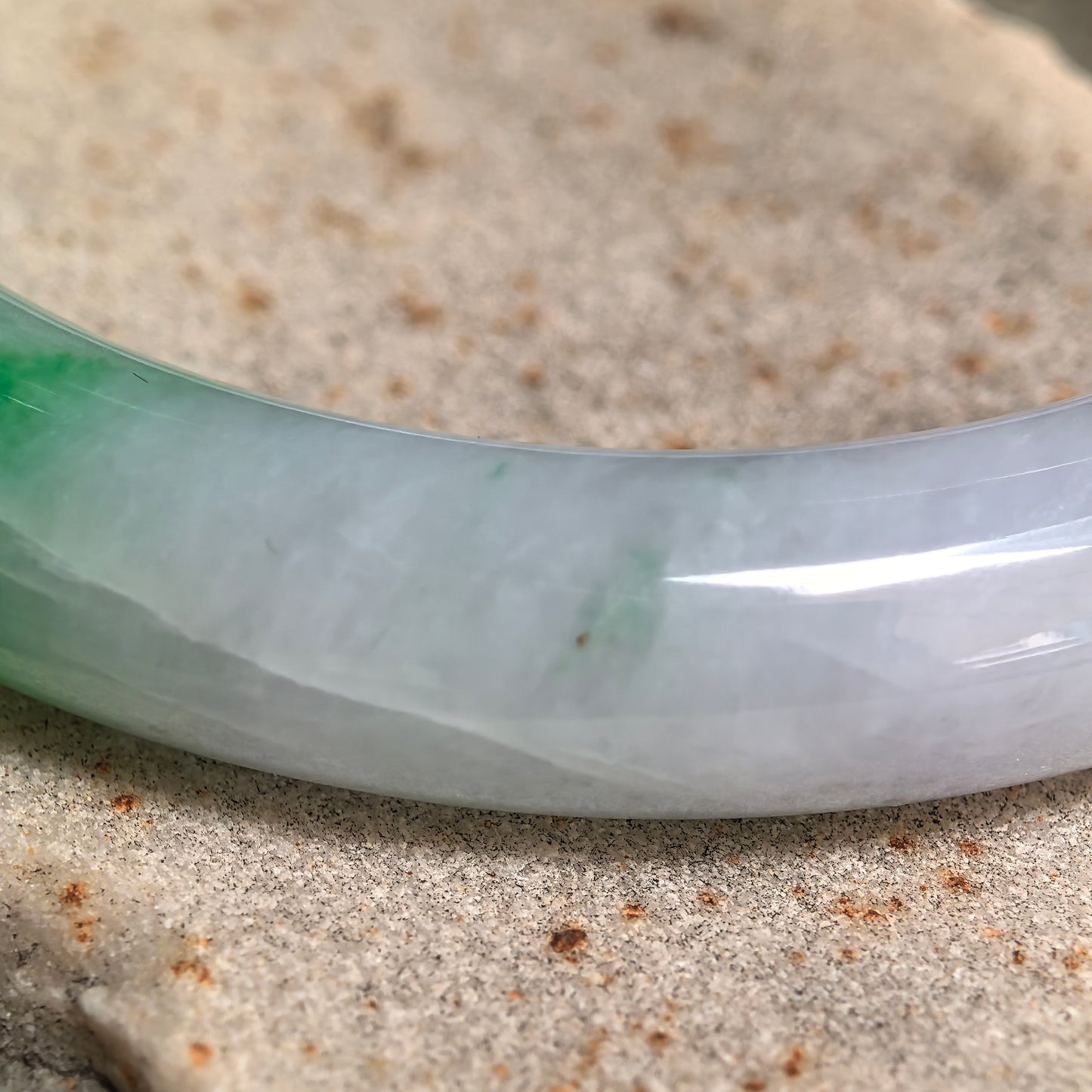 Natural Grade-A Icy Glutinous Light Lavender Base Green Floater Round Jadeite Bangle · Burmese Jade 54mm