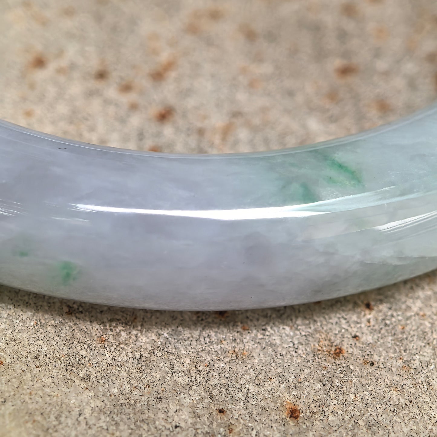 Natural Grade-A Icy Glutinous Light Lavender Base Green Floater Round Jadeite Bangle · Burmese Jade 54mm