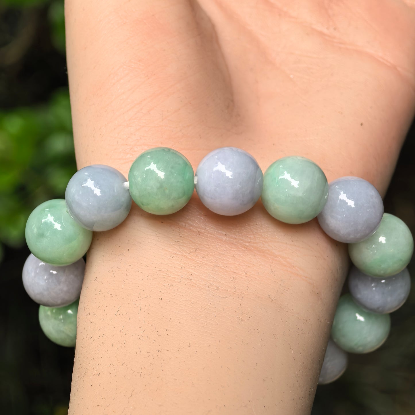 Natural Grade-A Glutinous Lavender & Green Jadeite Bead Bracelet · Burmese Jade 13mm