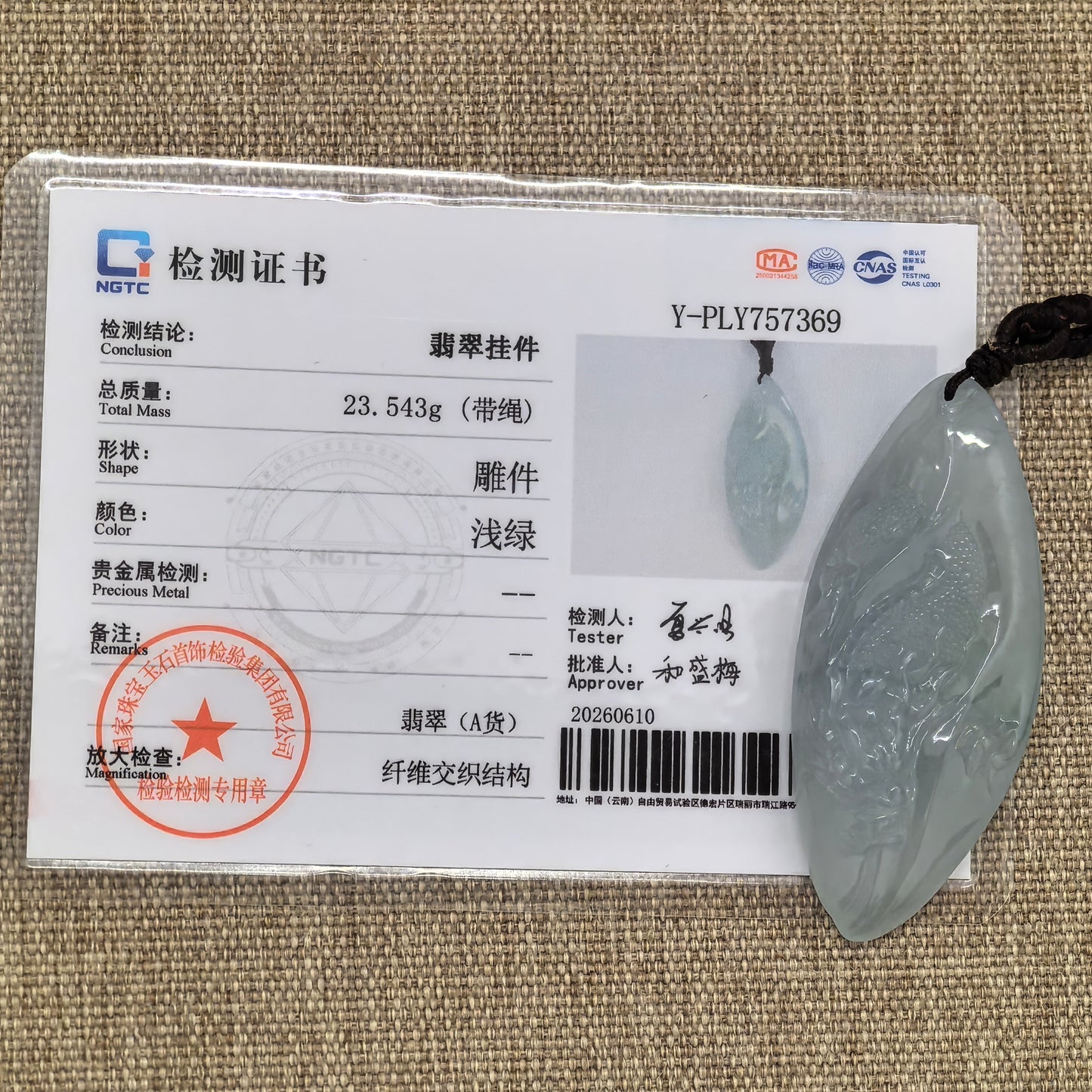 NGTC certified light green jadeite dragon pendant shown with matching certificate and 23.543 g total weight.