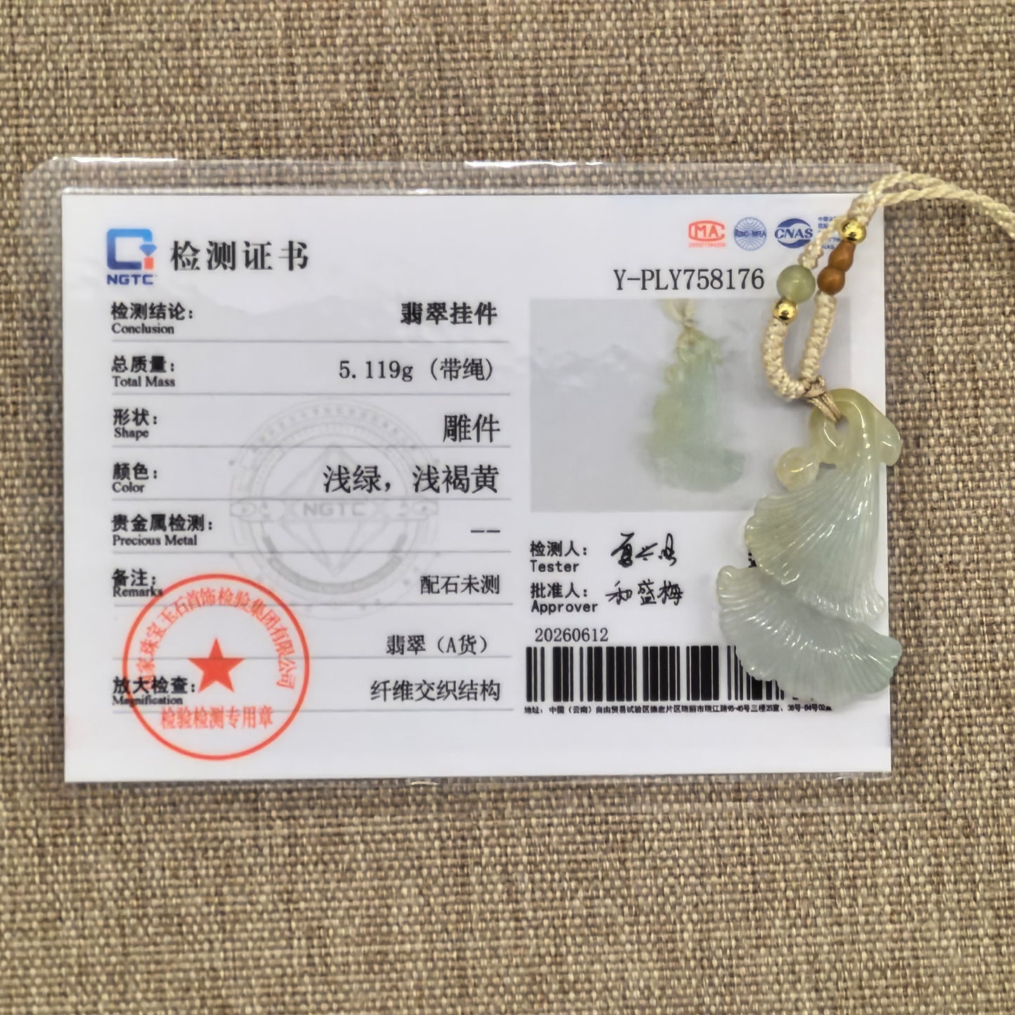 NGTC certified Natural Grade-A light green ginkgo leaf jadeite pendant shown with matching certificate and 5.119 g weight.