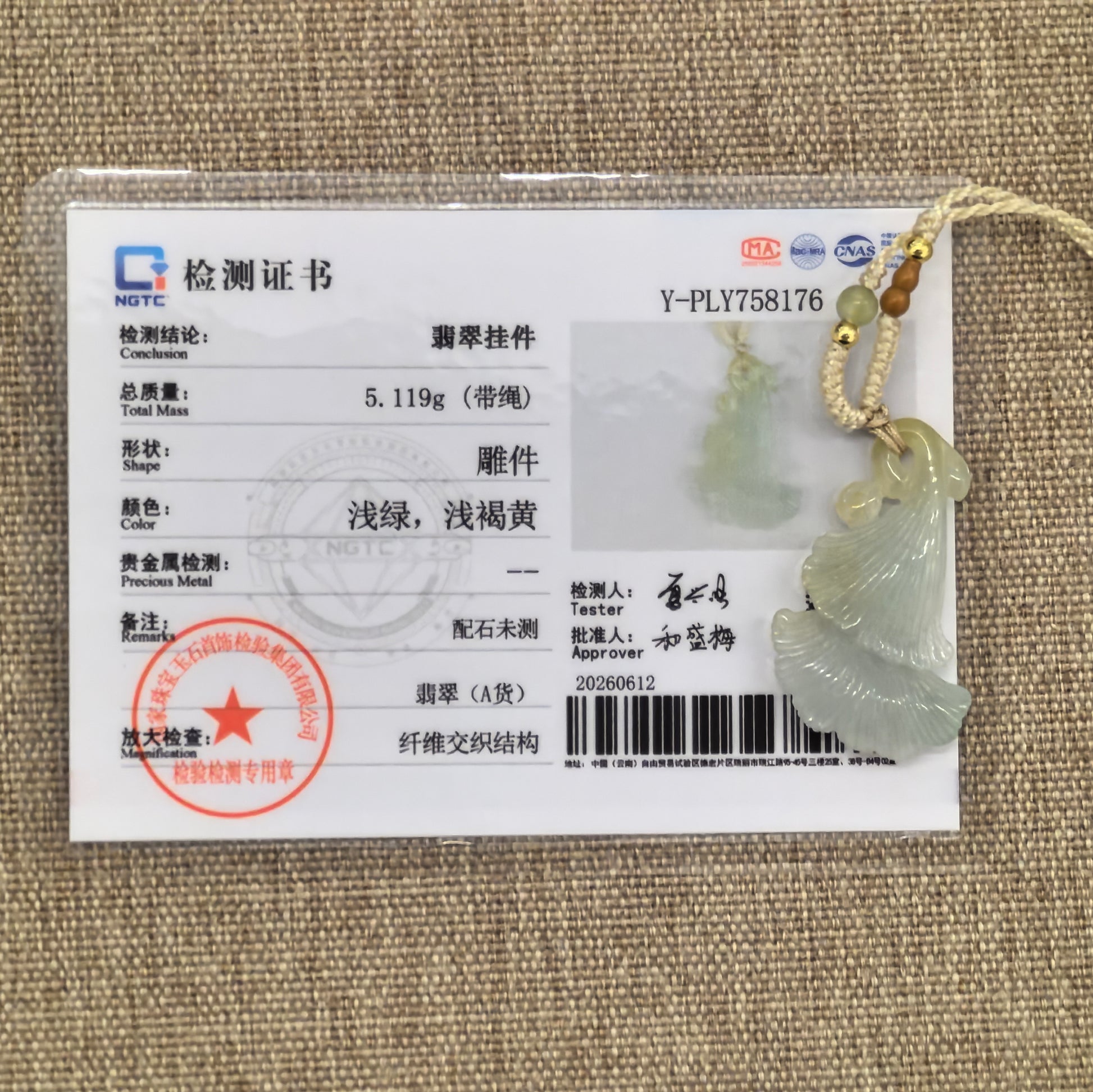 NGTC certified Natural Grade-A light green ginkgo leaf jadeite pendant shown with matching certificate and 5.119 g weight.