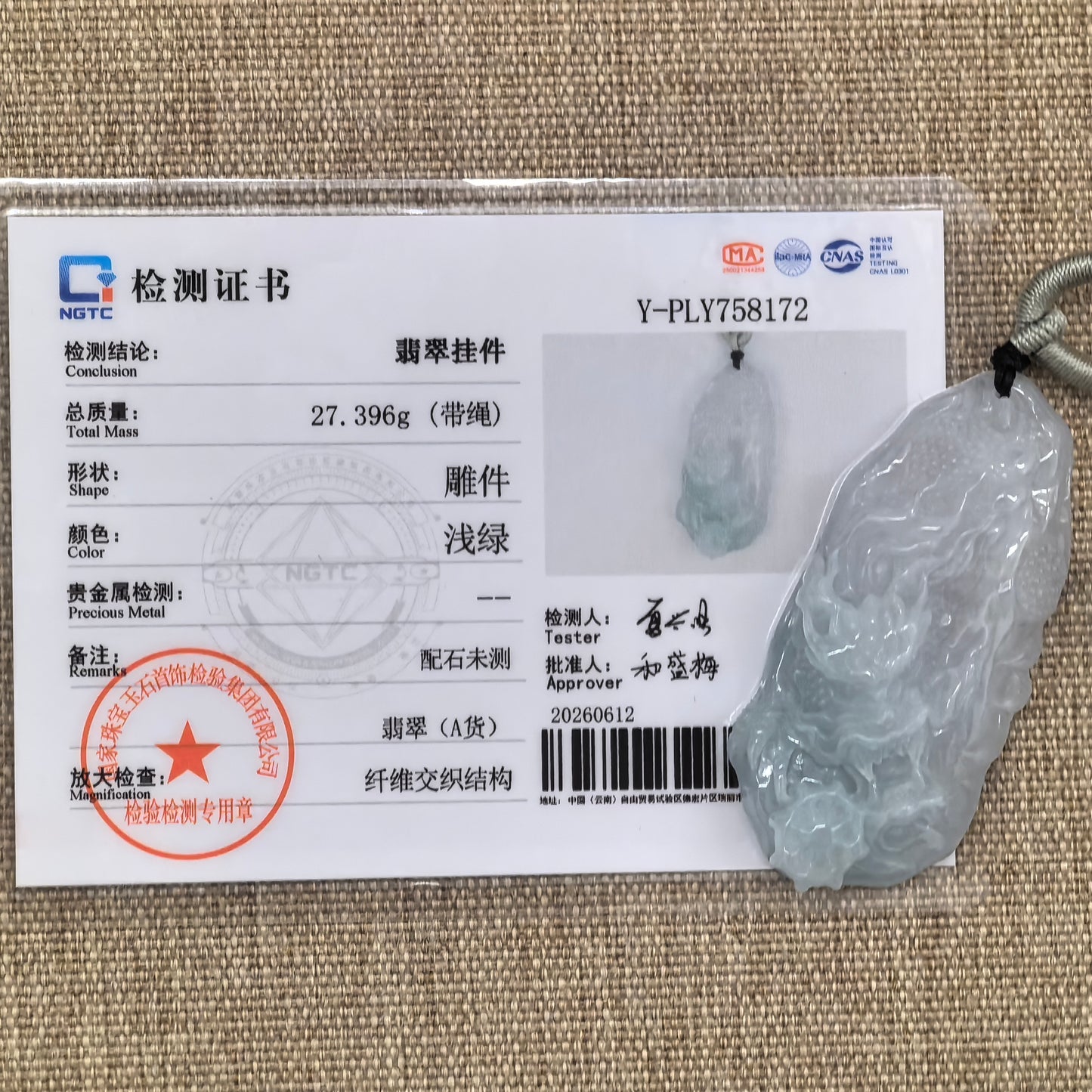 NGTC certified Natural Grade-A pale green jadeite dragon pendant with matching certificate.