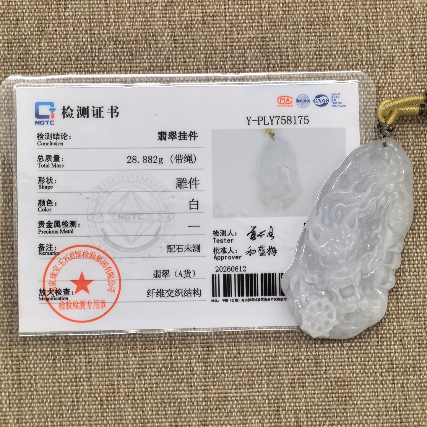NGTC certified Natural Grade-A white jadeite dragon pendant with matching certificate and 28.882 g weight.