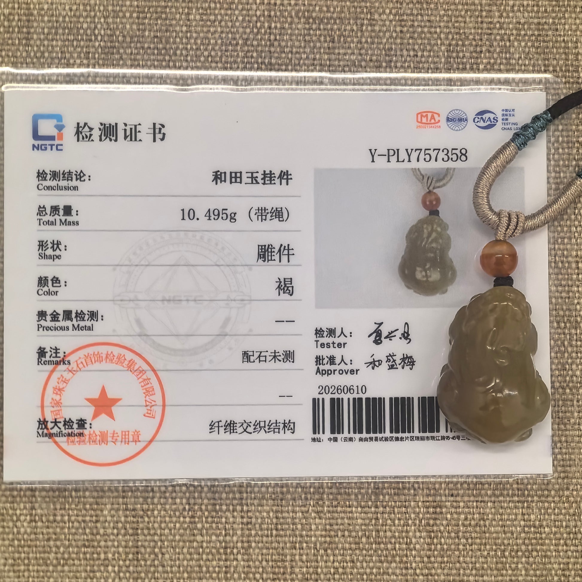 NGTC certified Hetian jade sugar brown Pixiu pendant shown with matching certificate and 10.495 g weight.