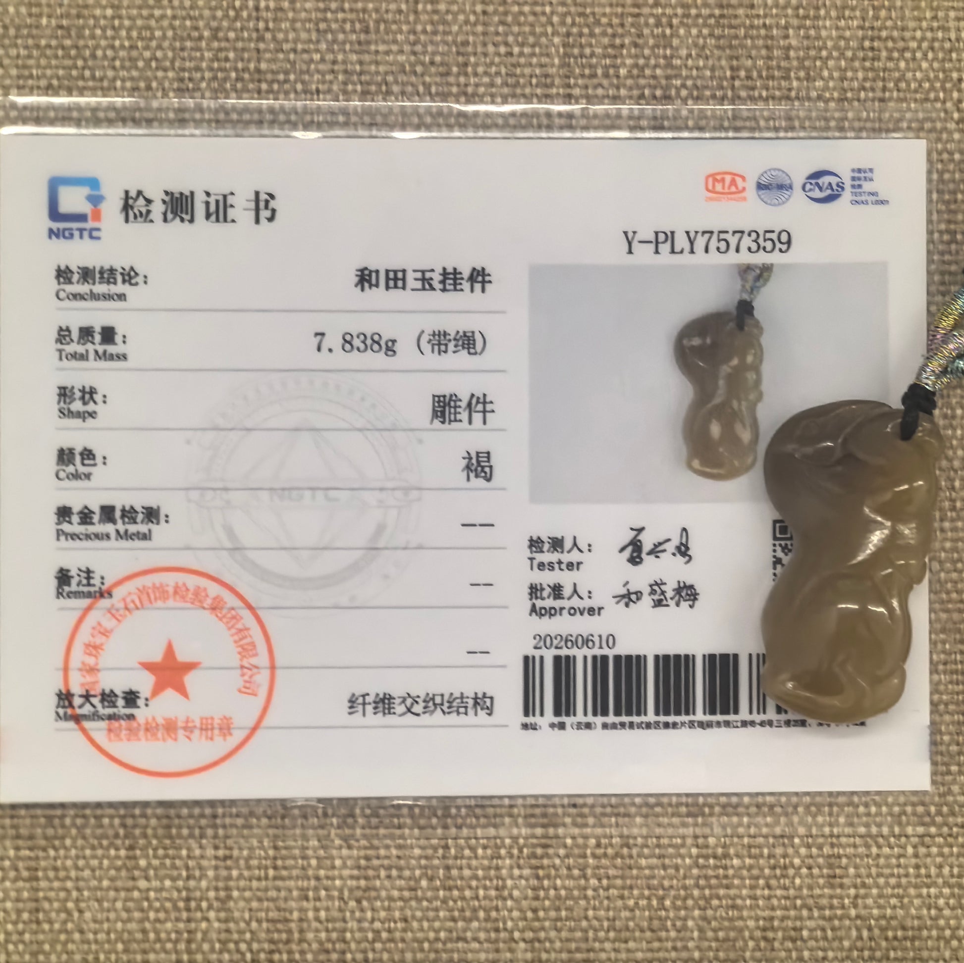 NGTC certified Hetian jade sugar brown horse pendant shown with matching certificate and 7.838 g weight.