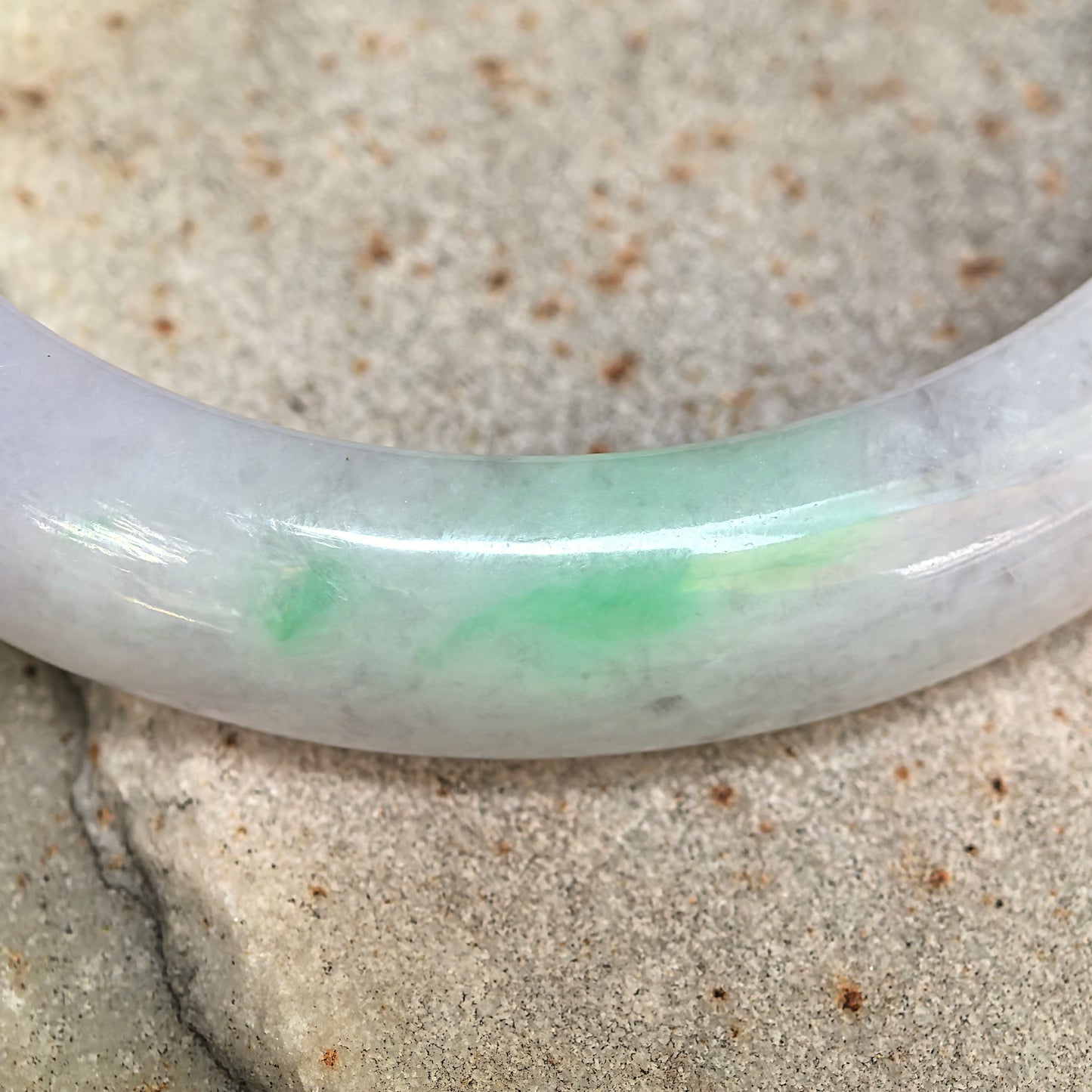 Natural Grade-A Glutinous Purple Green Oval Jadeite Bangle · Burmese Jade 50mm