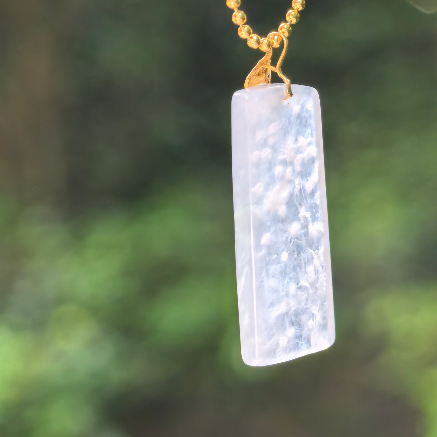 Natural Grade-A Icy Snowflake Cotton Plum Blossom Jadeite Pendant with 18K Gold · Burmese Jade