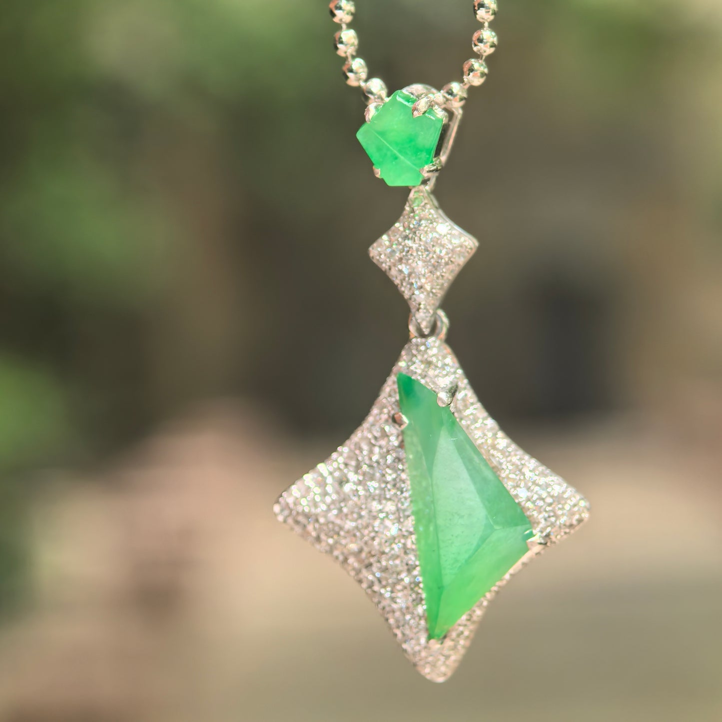 Natural Grade-A Icy Green Rhombus Jadeite Pendant with 18K Gold · Burmese Jade