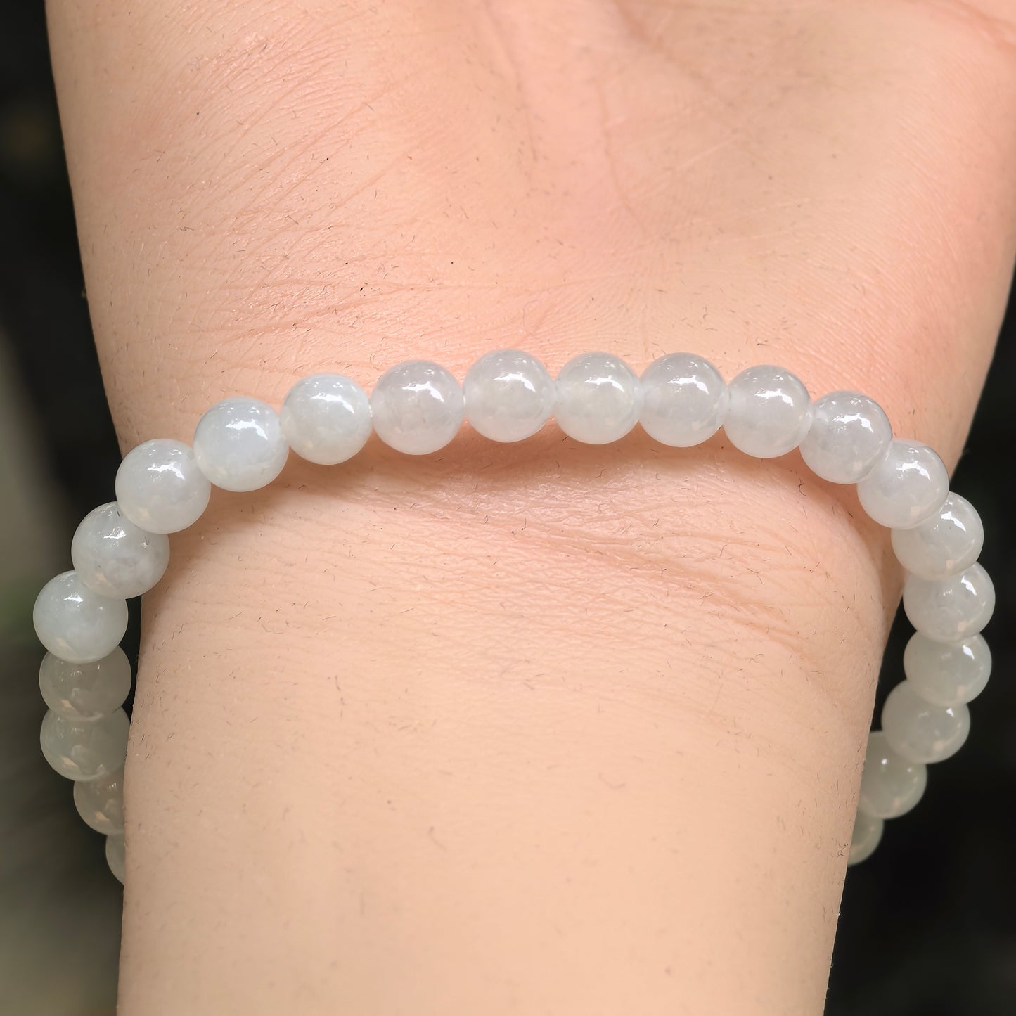 Natural Grade-A Icy Glutinous White Jadeite Beaded Bracelet · Burmese Jade 6mm