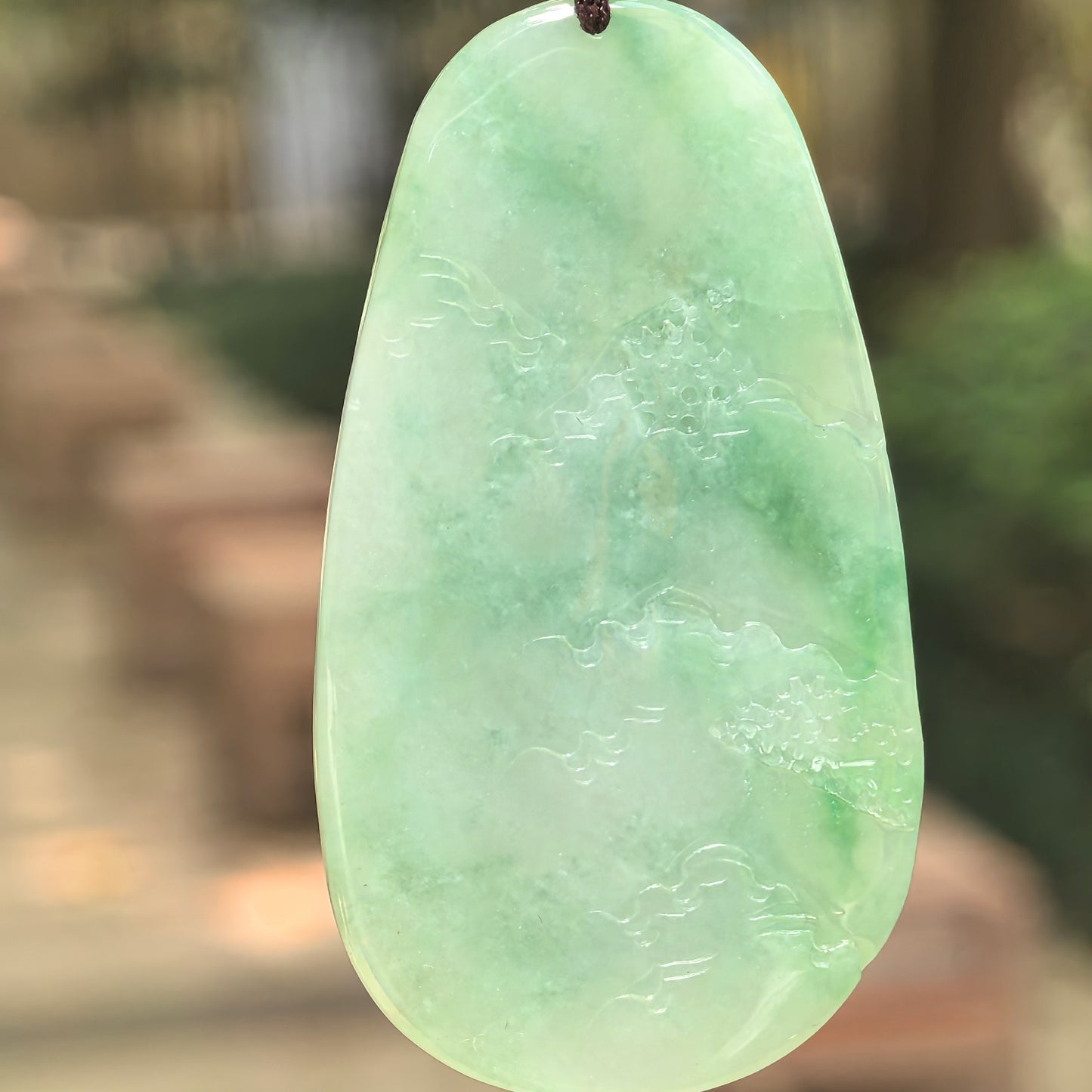 Natural Grade-A Glutinous Green Landscape Jadeite Pendant · Burmese Jade