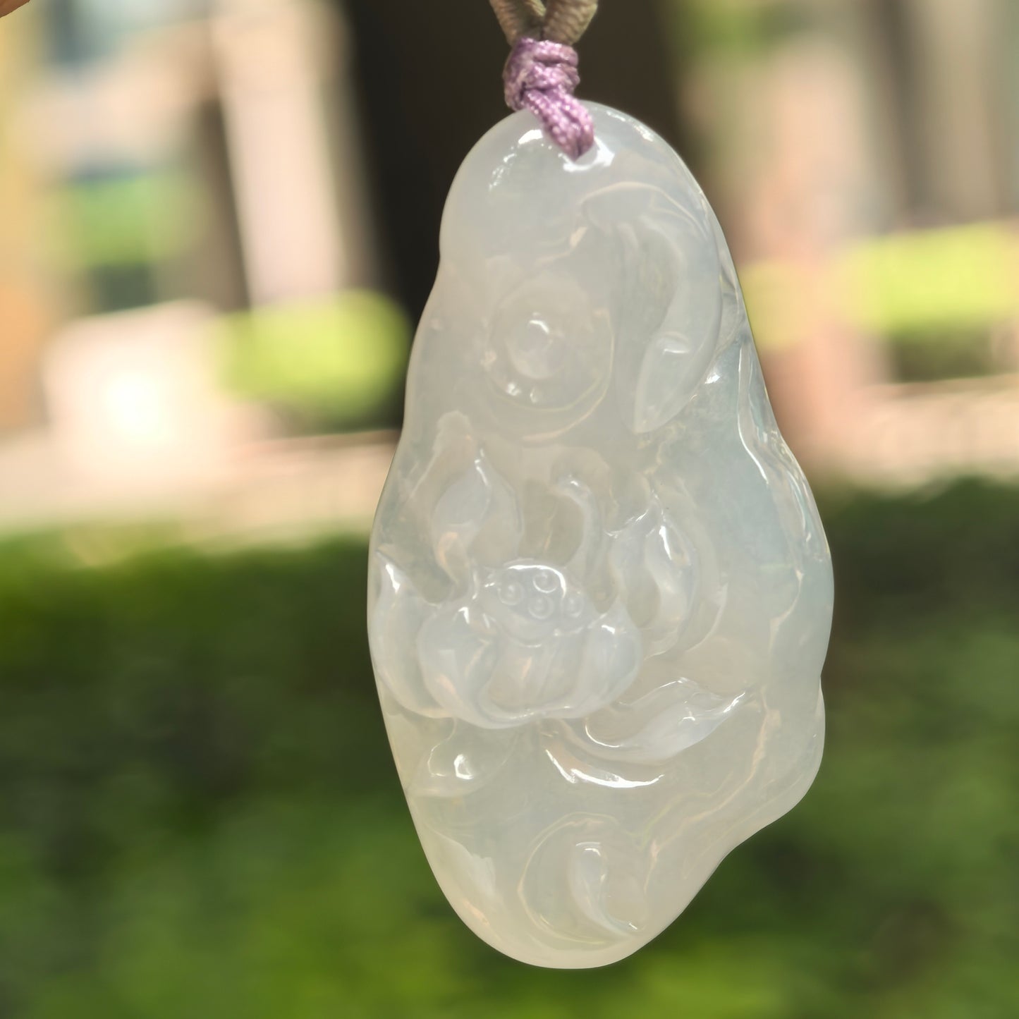 Natural Grade-A Icy Glutinous White Lotus Jadeite Pendant · Burmese Jade