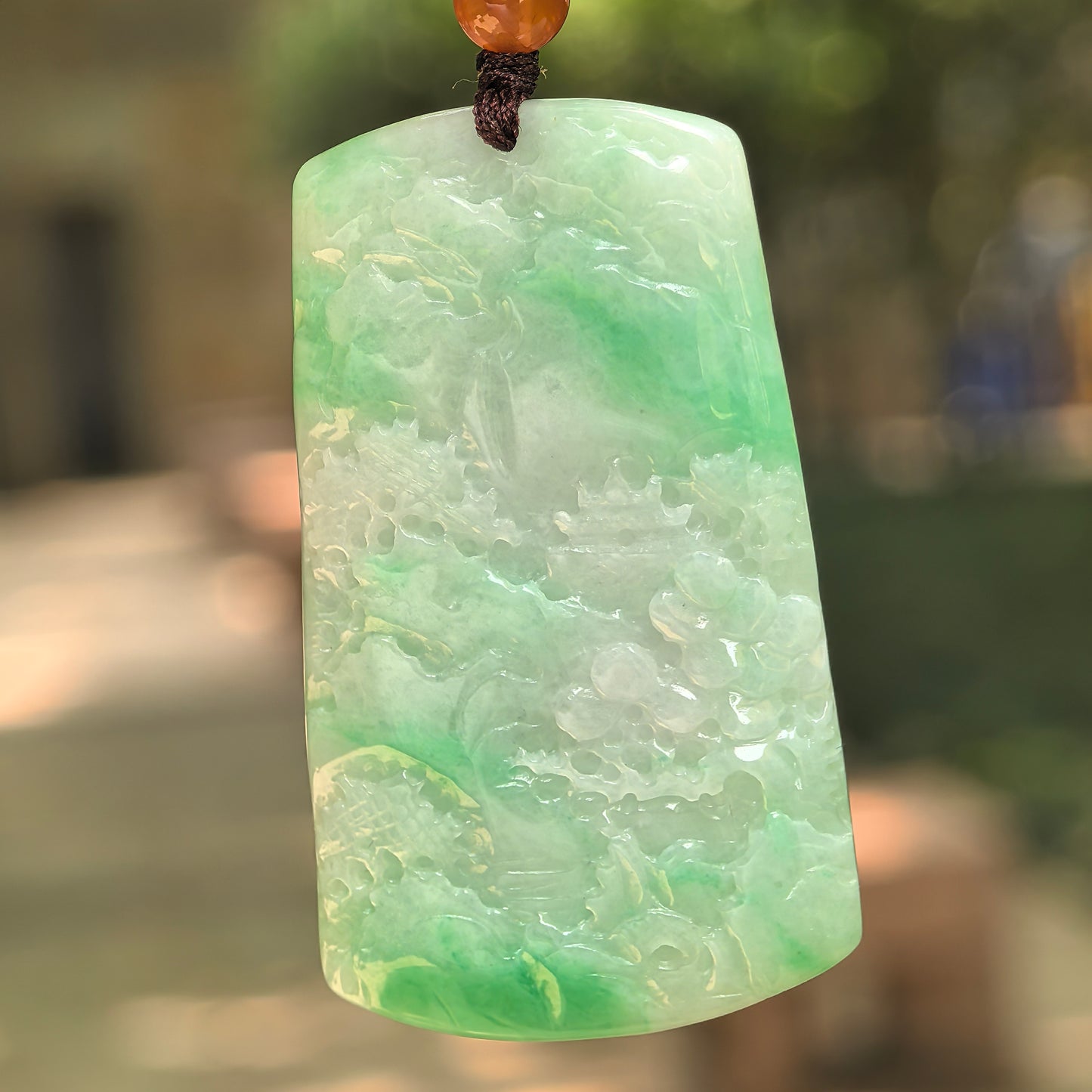 Natural Grade-A Glutinous Green Landscape Jadeite Pendant · Burmese Jade