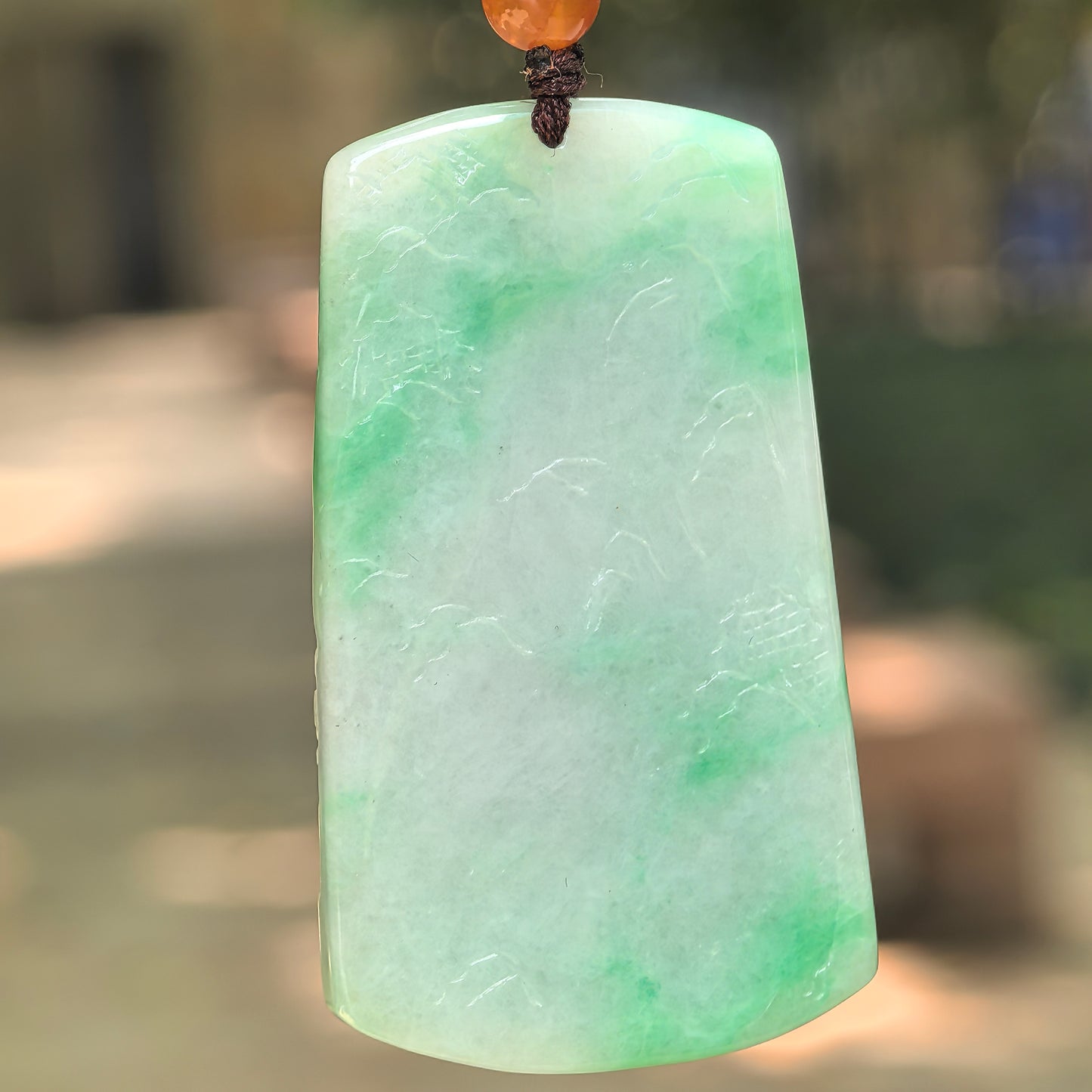 Natural Grade-A Glutinous Green Landscape Jadeite Pendant · Burmese Jade