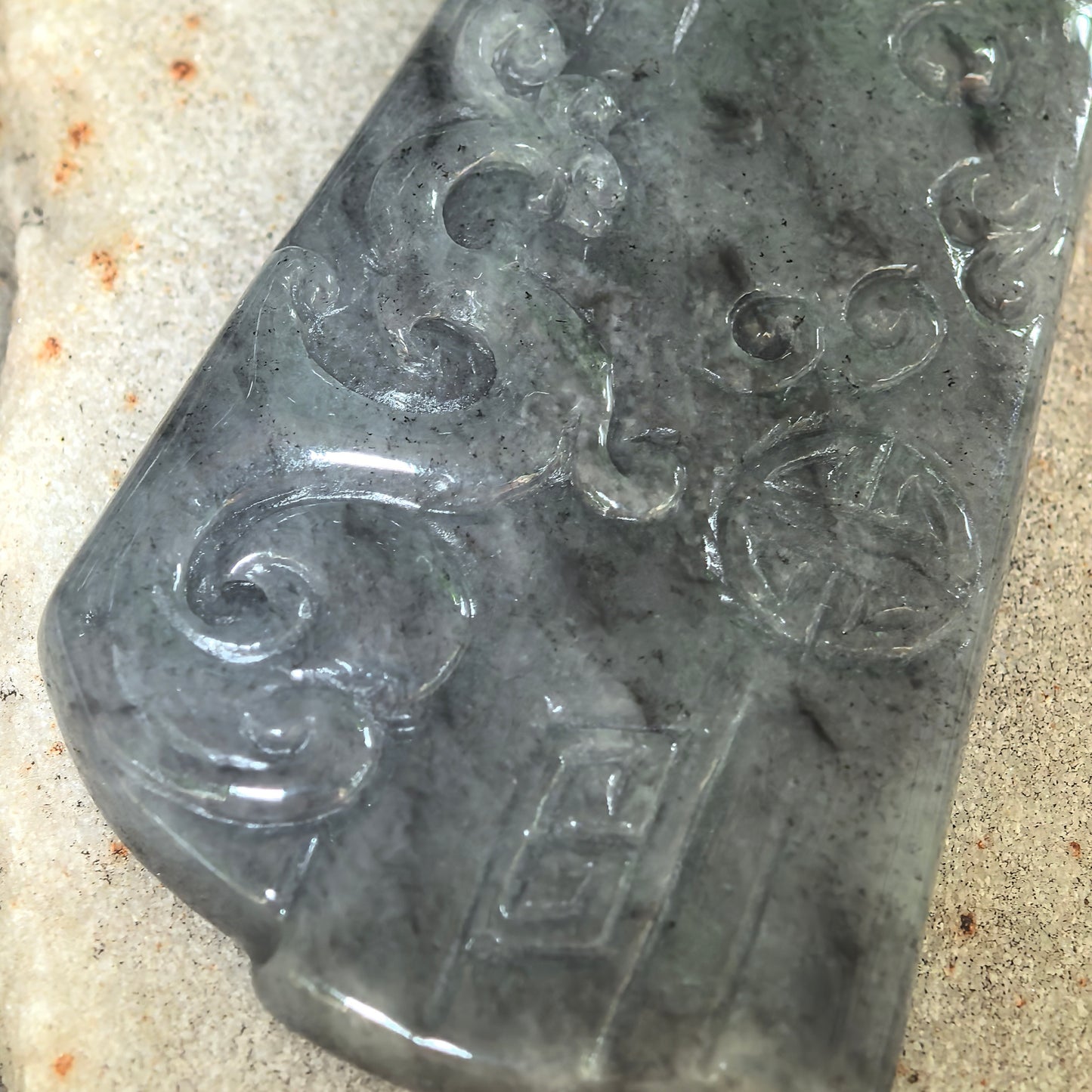 Natural Grade-A Glutinous Gray-Black Antique Phoenix Jadeite Pendant · Burmese Jade