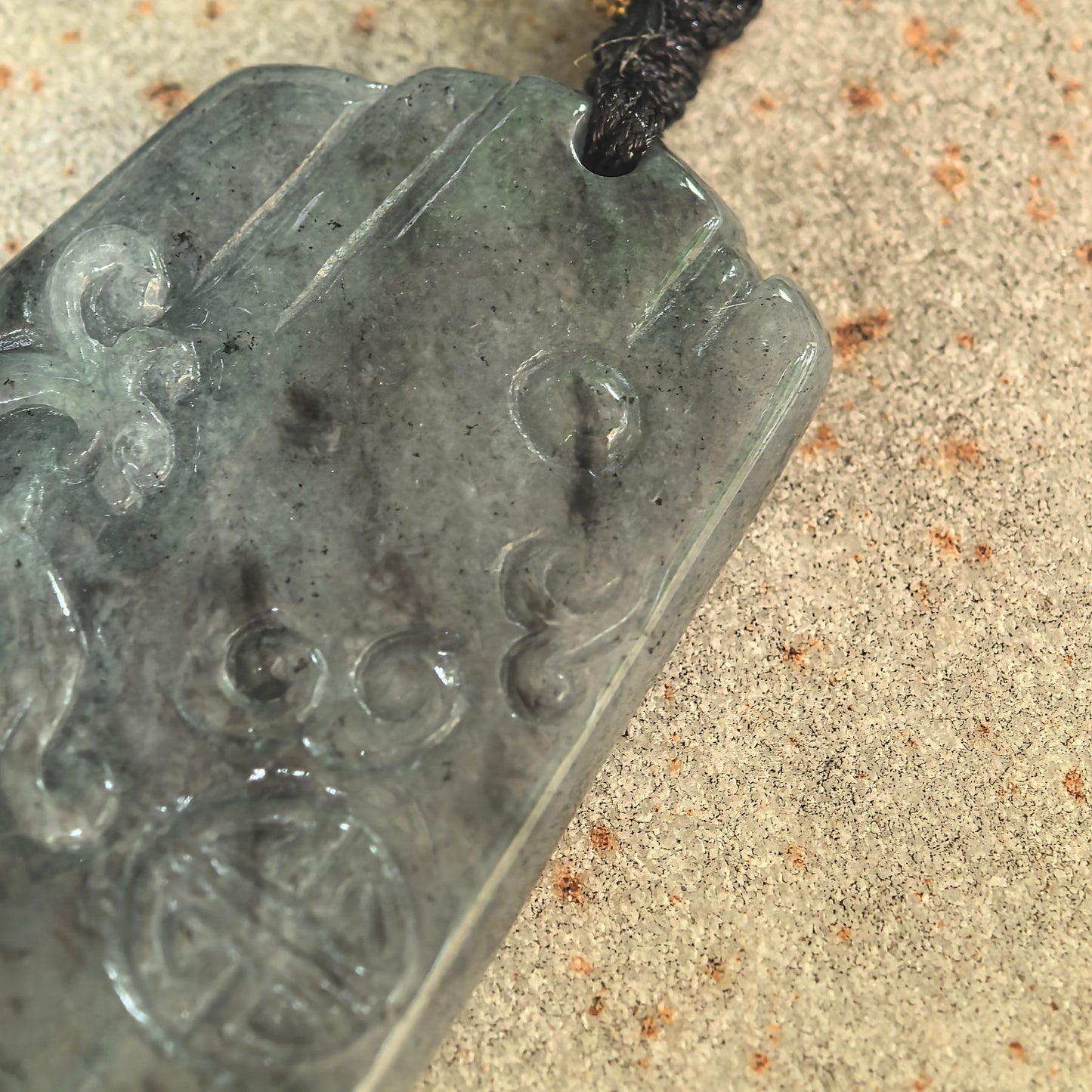 Natural Grade-A Glutinous Gray-Black Antique Phoenix Jadeite Pendant · Burmese Jade