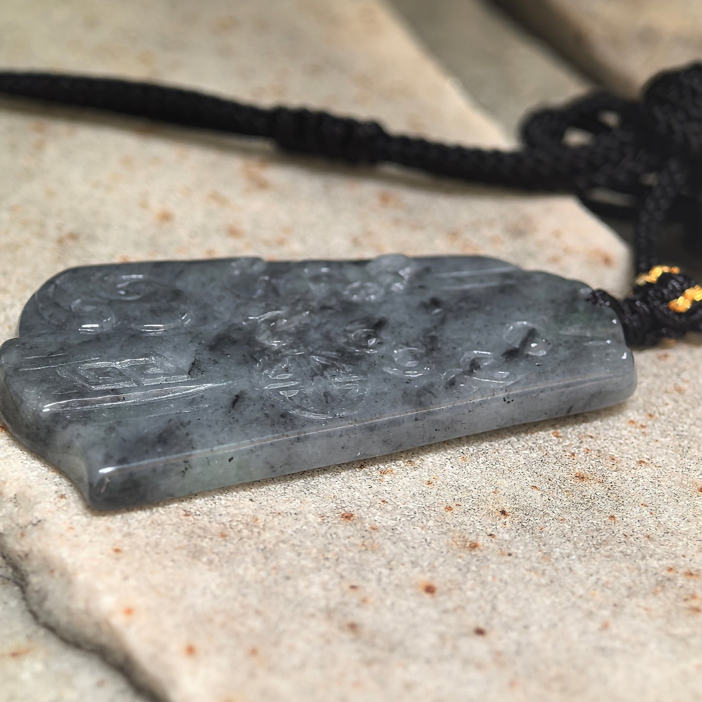 Natural Grade-A Glutinous Gray-Black Antique Phoenix Jadeite Pendant · Burmese Jade
