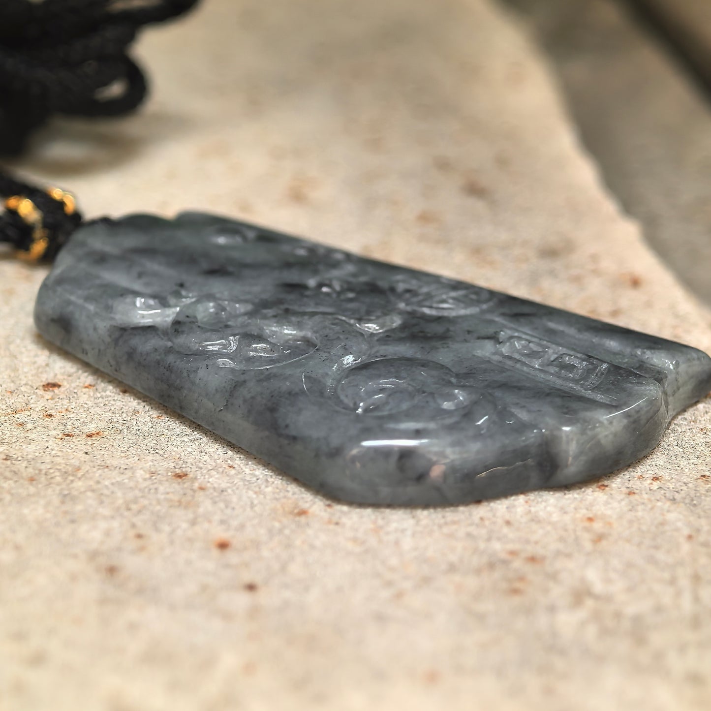 Natural Grade-A Glutinous Gray-Black Antique Phoenix Jadeite Pendant · Burmese Jade