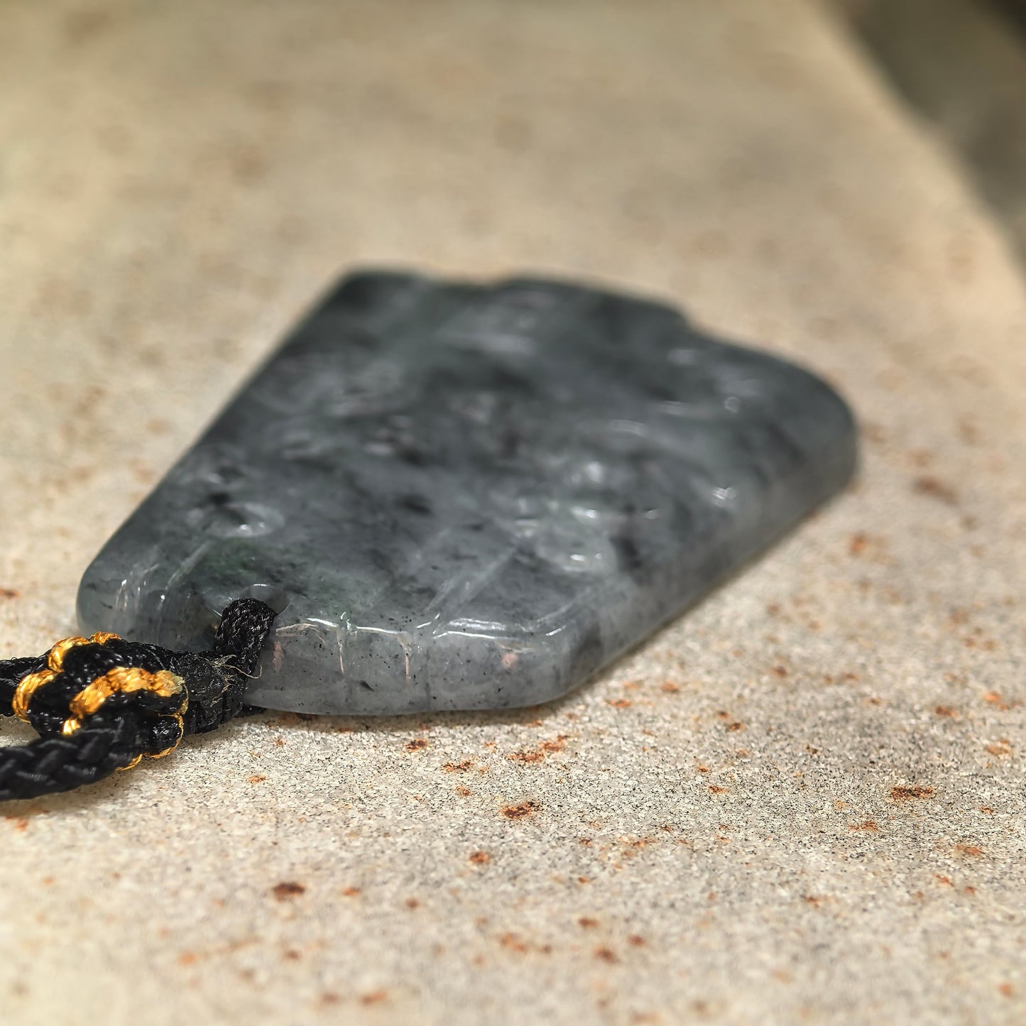 Natural Grade-A Glutinous Gray-Black Antique Phoenix Jadeite Pendant · Burmese Jade