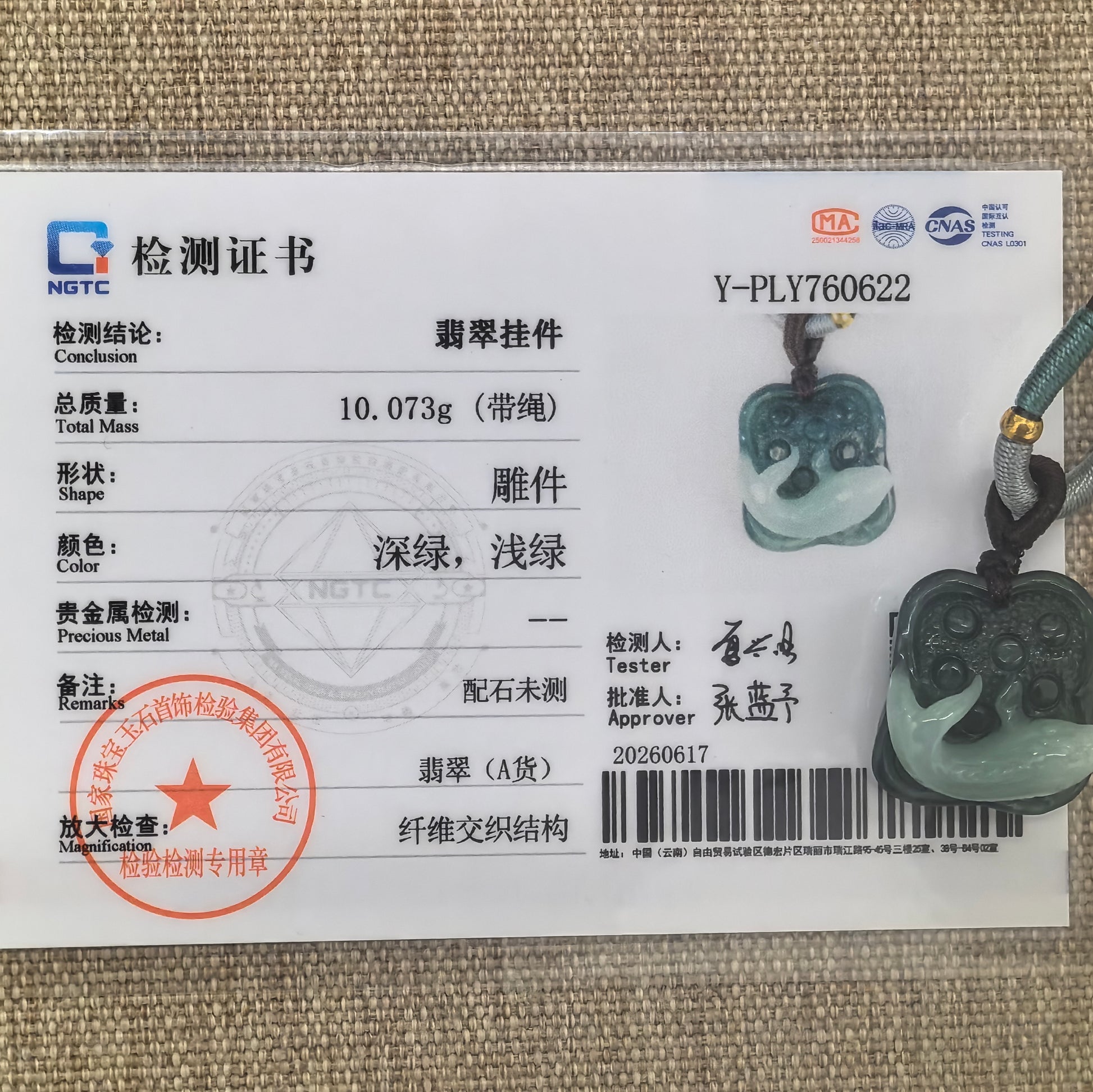 NGTC certified natural Grade-A light and dark green jadeite pendant shown with matching certificate.