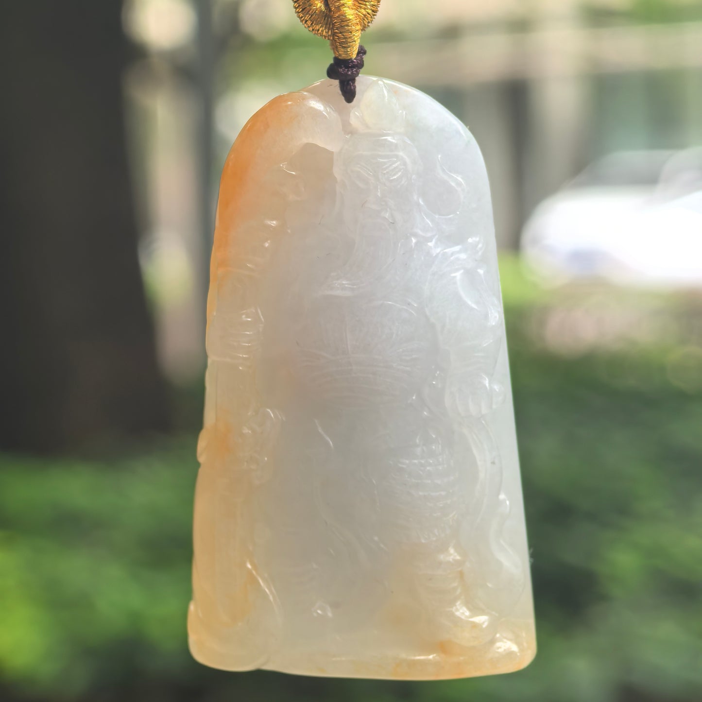 Natural Grade-A Glutinous White and Yellow Guan Gong Jadeite Pendant · Burmese Jade