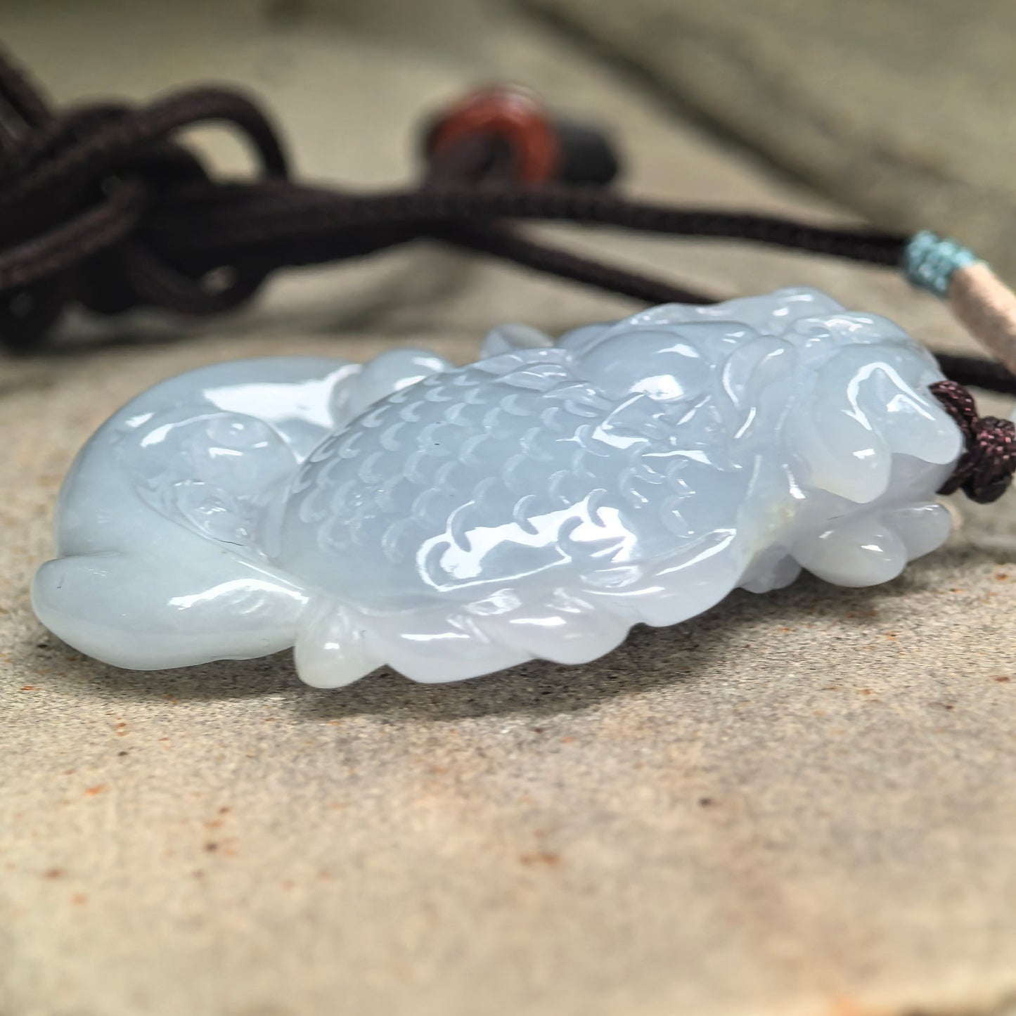 Natural Grade-A Glutinous Pale Lavender Dragon-Fish Jadeite Pendant · Burmese Jade