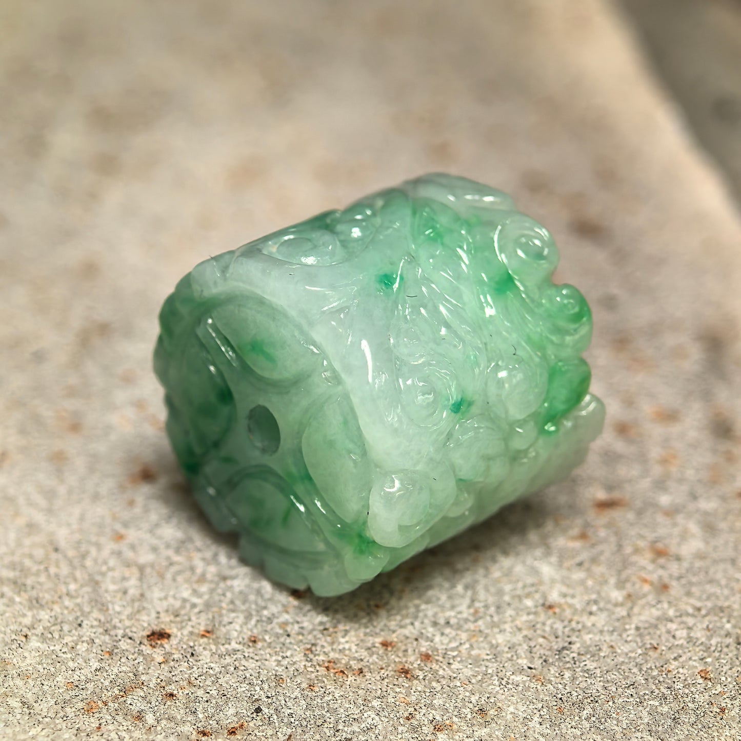 Natural Grade-A Glutinous Green-White Carved Barrel Bead Jadeite Pendant · Burmese Jade