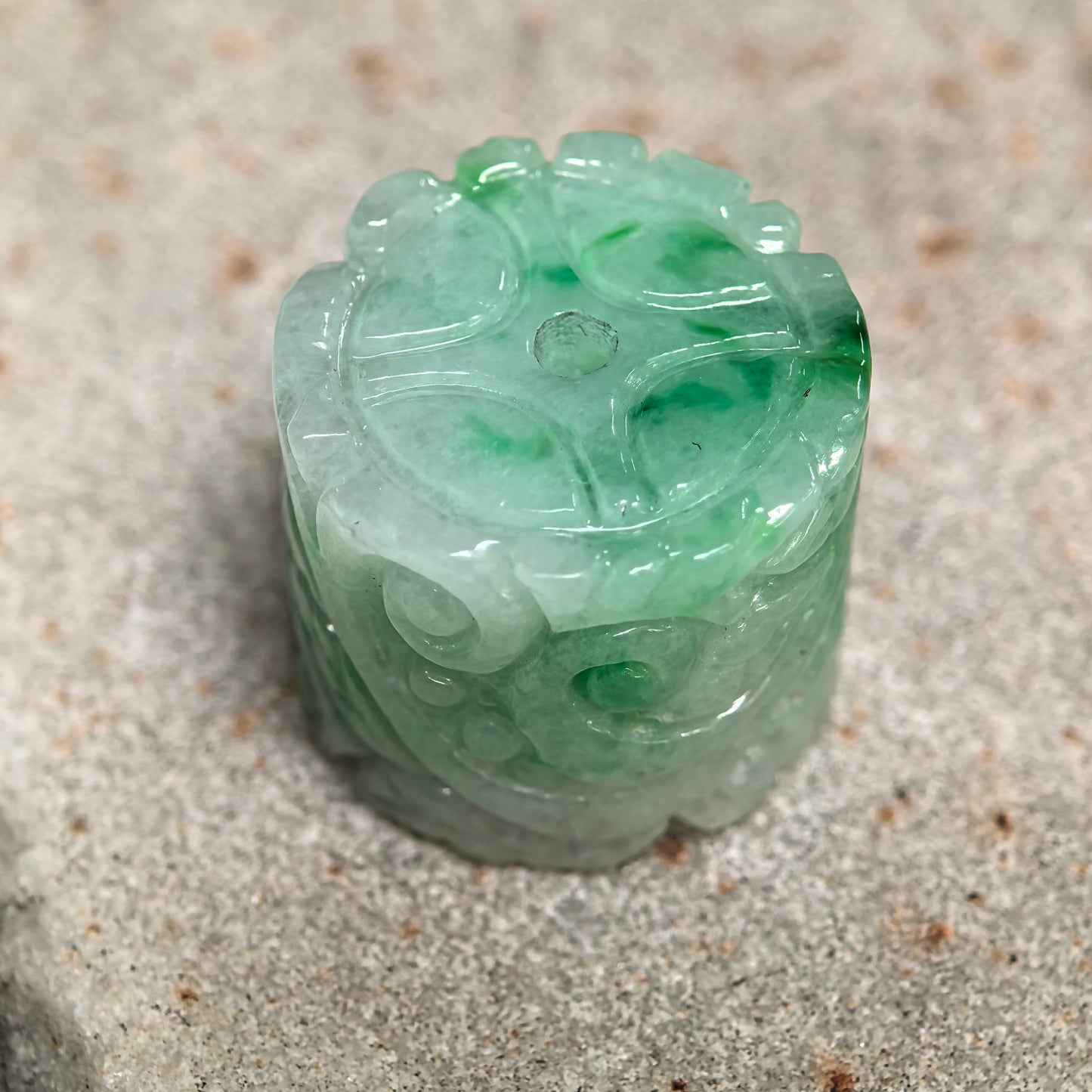 Natural Grade-A Glutinous Green-White Carved Barrel Bead Jadeite Pendant · Burmese Jade